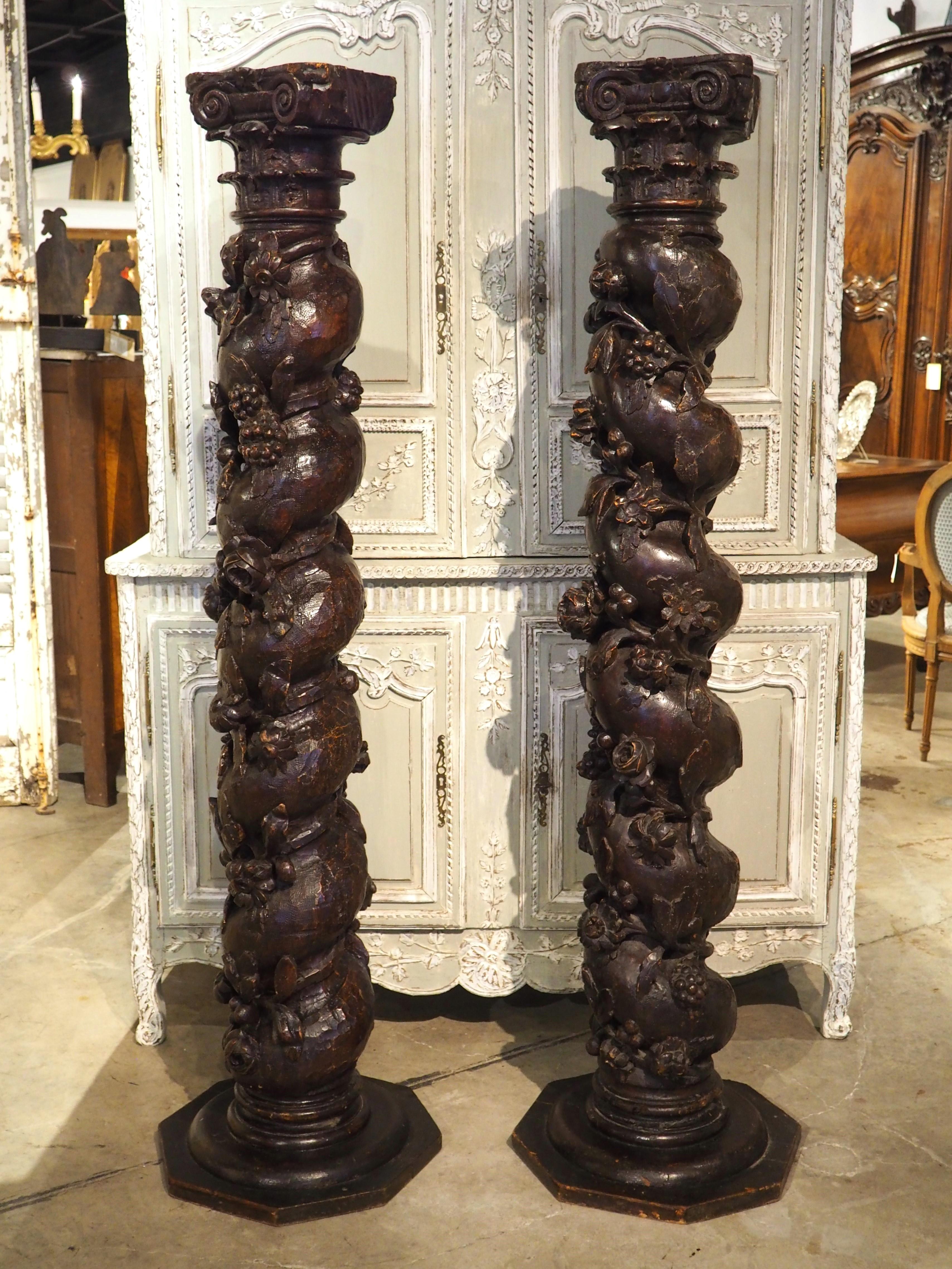 Pair of Carved Antique French Solomonic Columns, 17th Century For Sale 13
