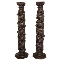 Pair of Carved Antique French Solomonic Columns, 17th Century