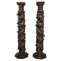 Pareja de Columnas Salomónicas Francesas Antiguas Talladas, Siglo XVII