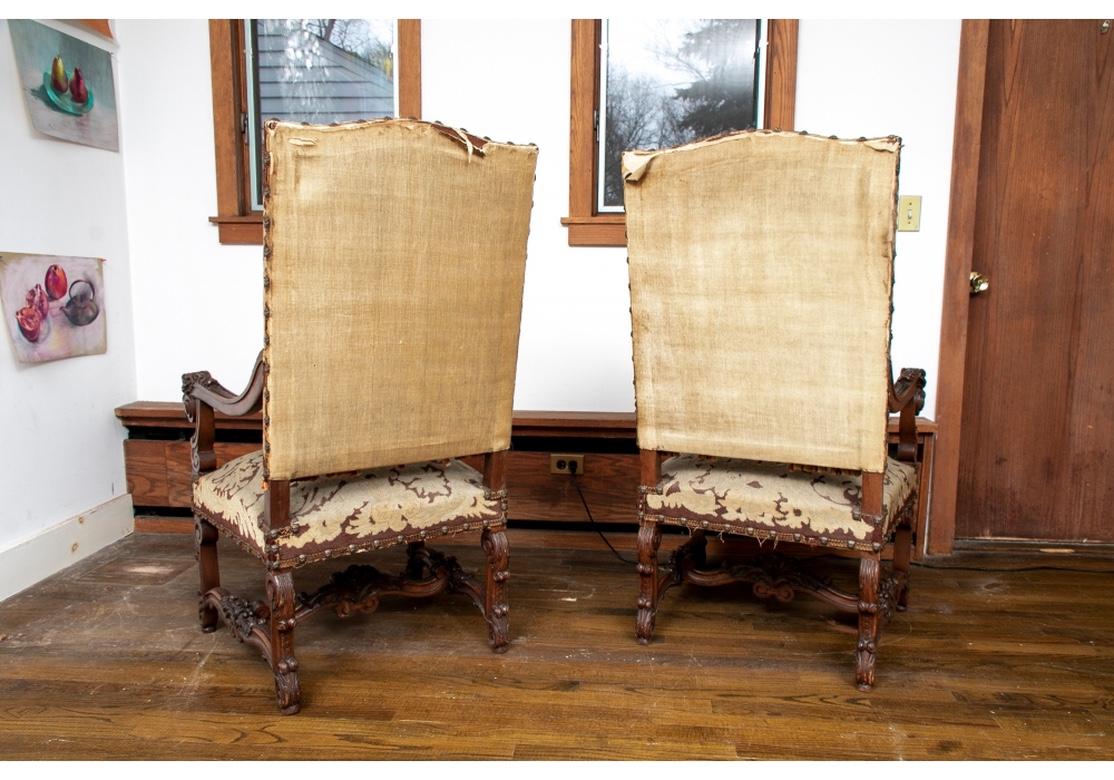 Pair of Carved Antique Hall Chairs with Tapestry Upholstery 4