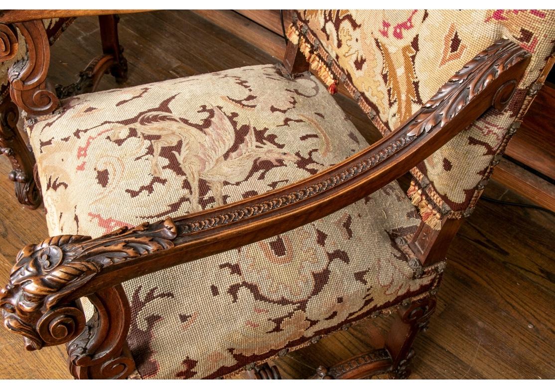 Jacobean Pair of Carved Antique Hall Chairs with Tapestry Upholstery