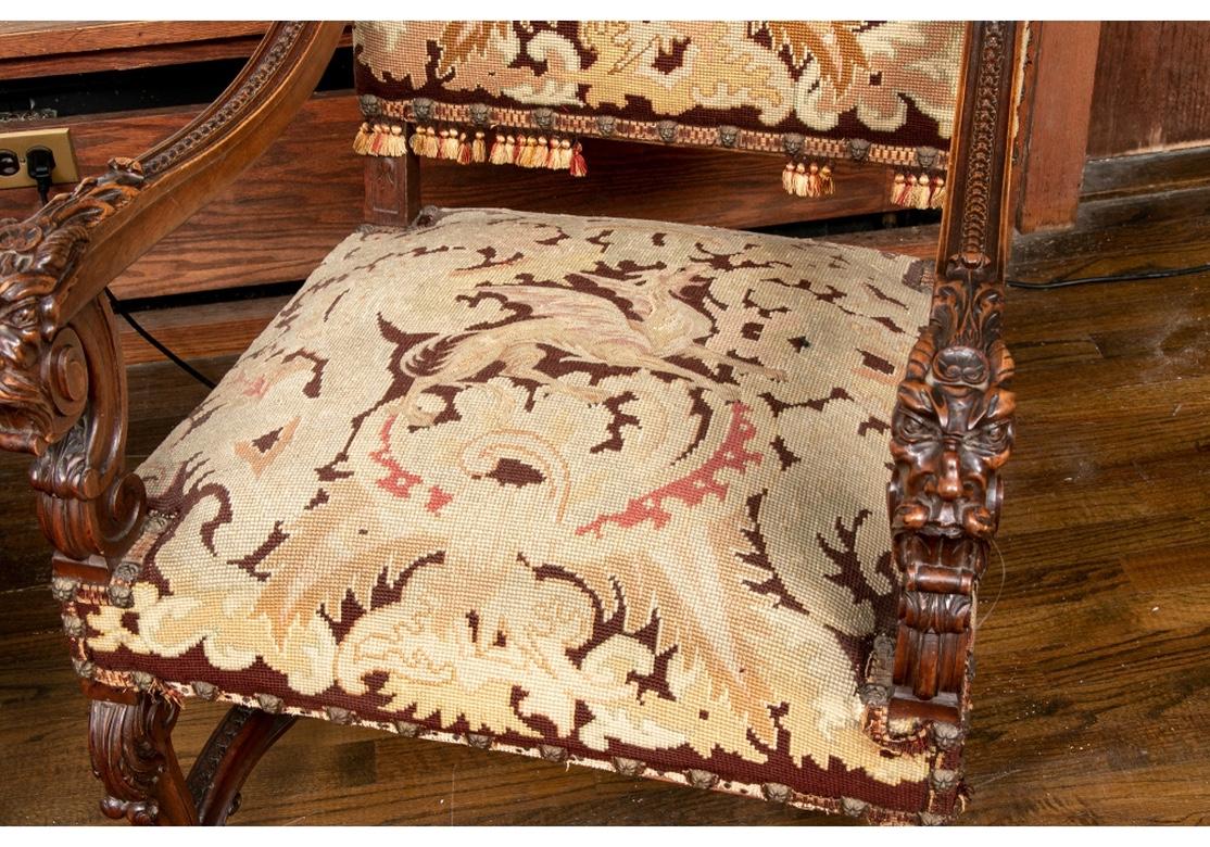 Hand-Carved Pair of Carved Antique Hall Chairs with Tapestry Upholstery