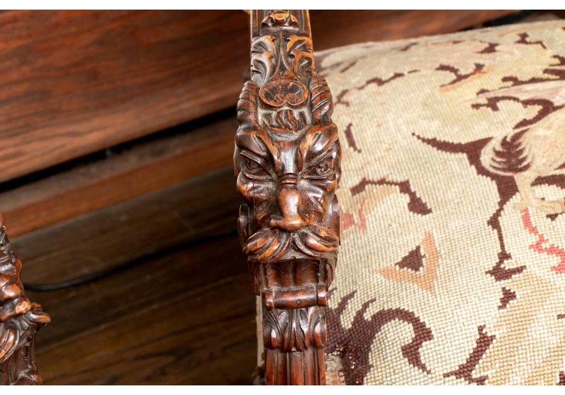 Hand-Carved Pair of Carved Antique Hall Chairs with Tapestry Upholstery