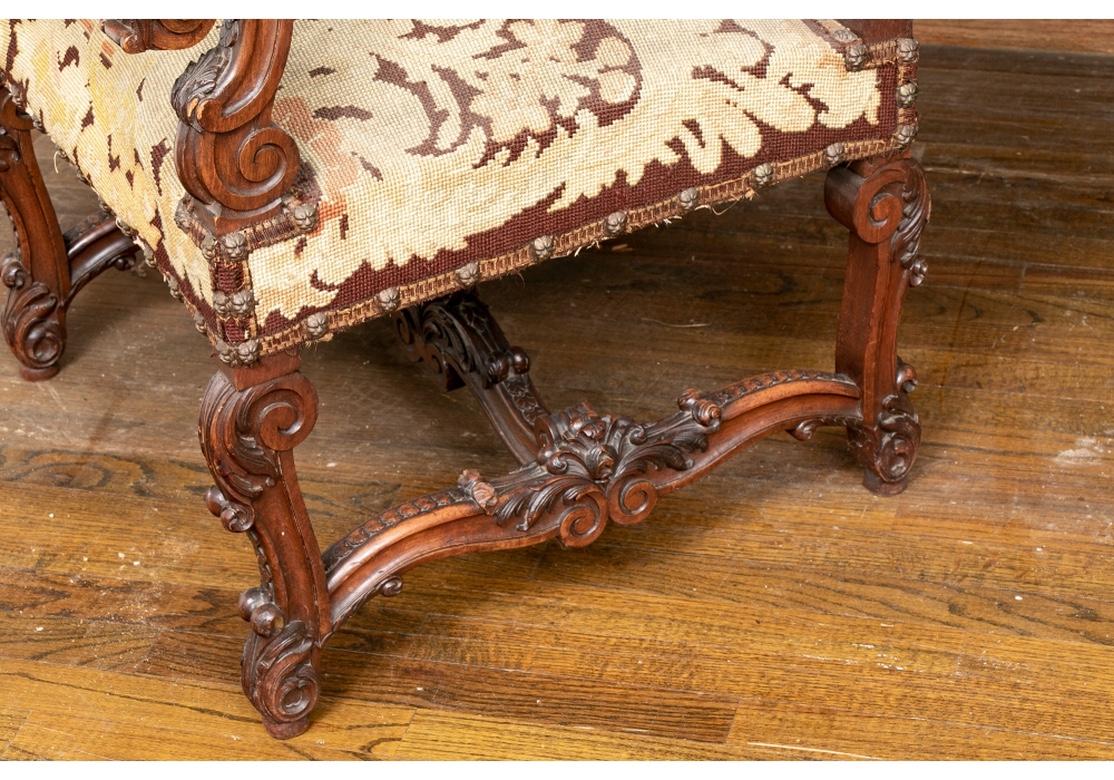 Pair of Carved Antique Hall Chairs with Tapestry Upholstery In Good Condition In Bridgeport, CT