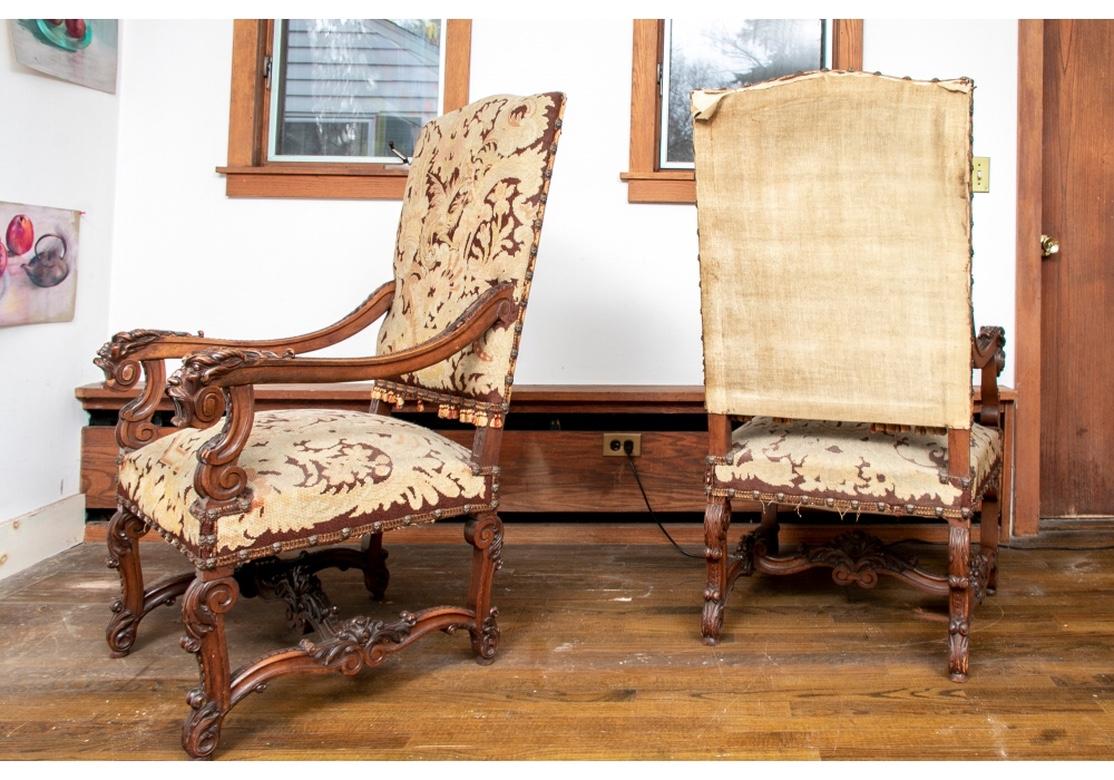 19th Century Pair of Carved Antique Hall Chairs with Tapestry Upholstery