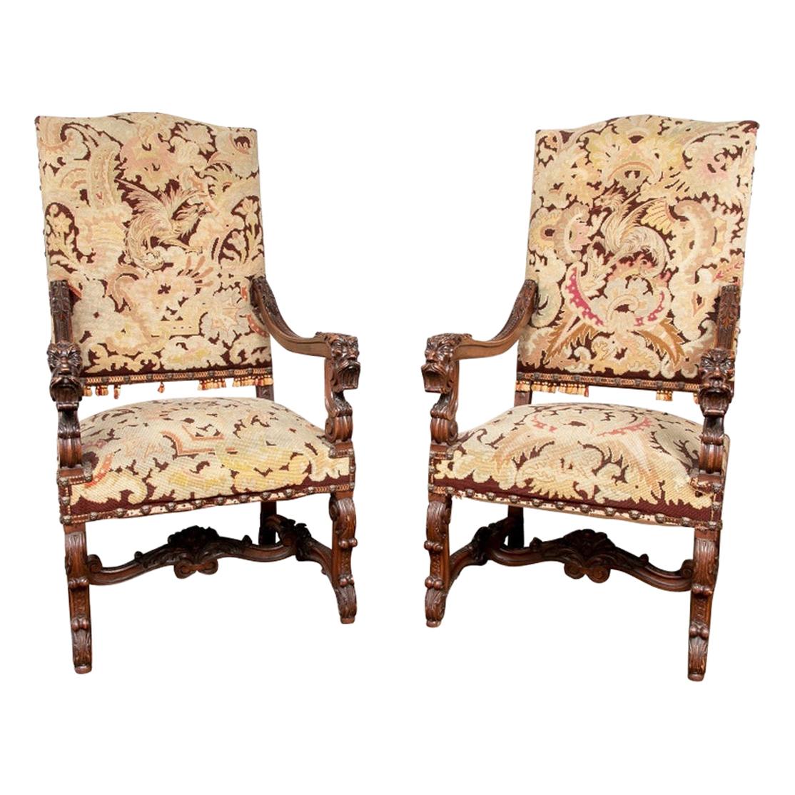 Pair of Carved Antique Hall Chairs with Tapestry Upholstery