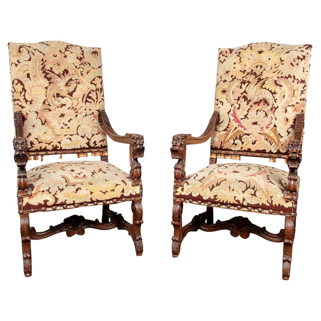 Pair of Carved Antique Hall Chairs with Tapestry Upholstery