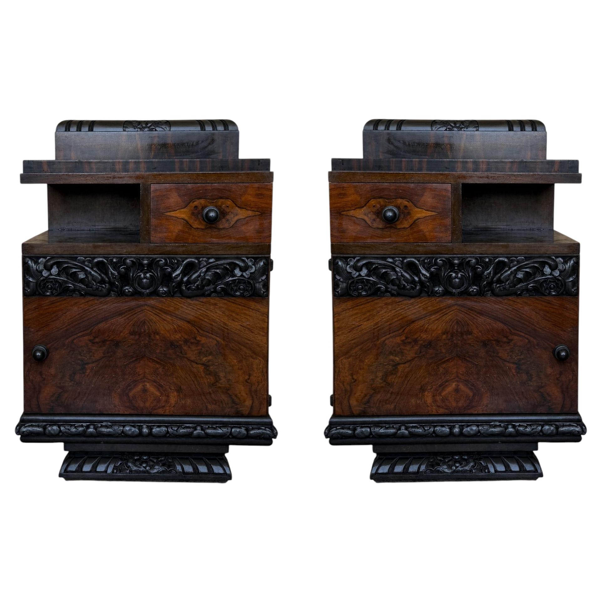 Pair of Carved Art Deco Bedside Cabinets in Walnut Burl Veneer