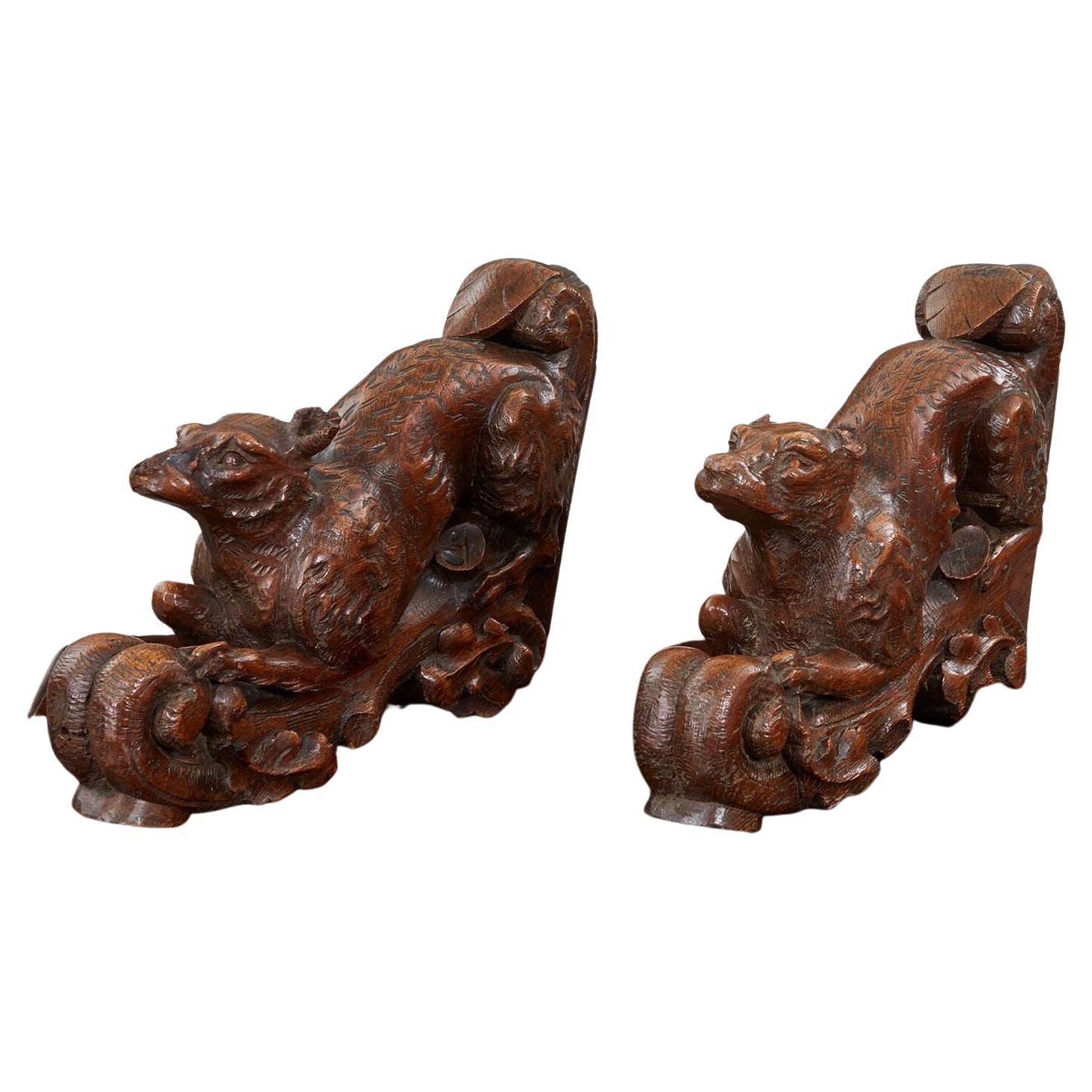Pair of Carved Arts & Crafts Fox Brackets For Sale
