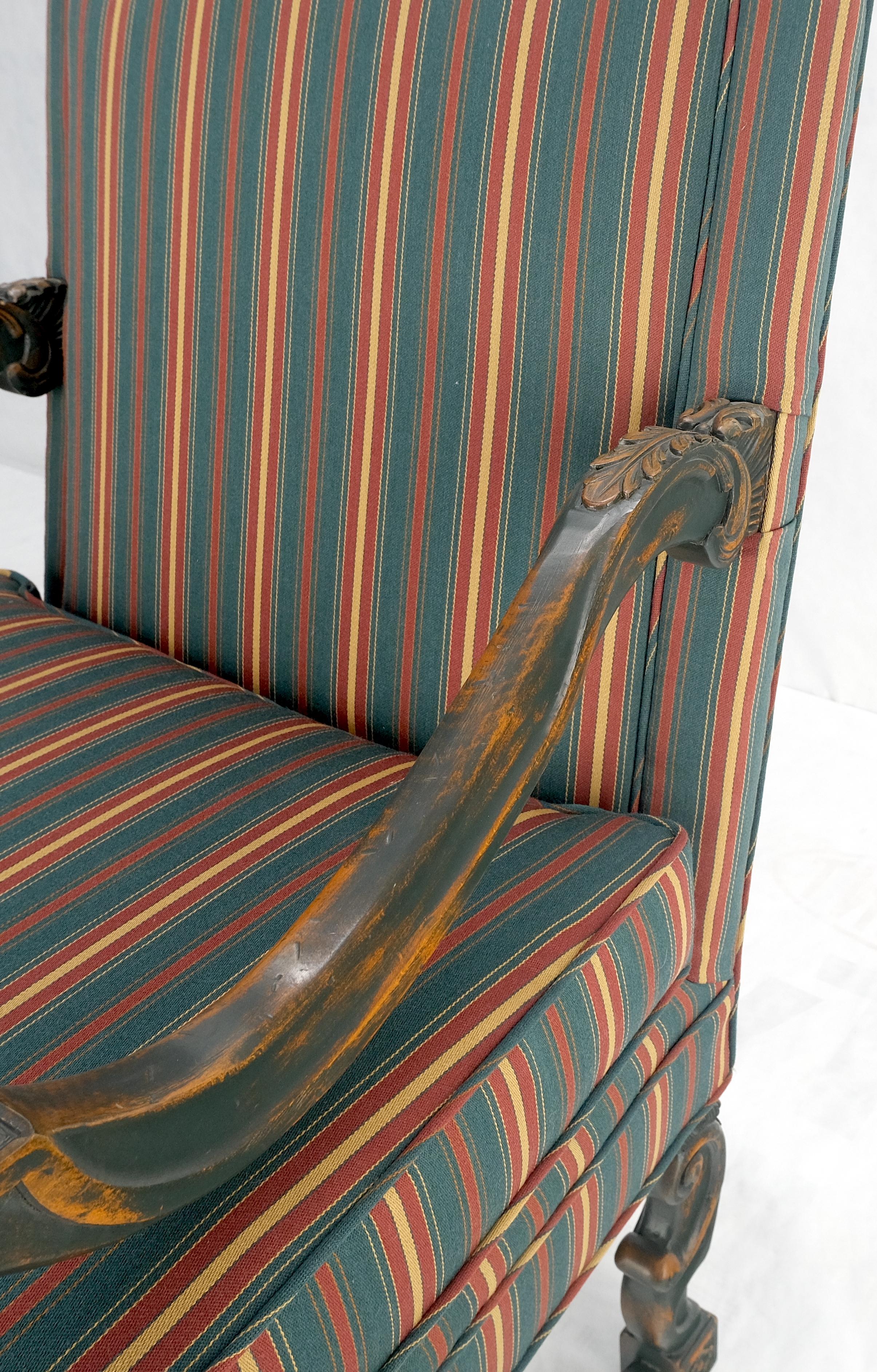 Pair of Carved Bases & Arms Striped Upholstery Fire Side Arm Lounge Chairs MINT! For Sale 4