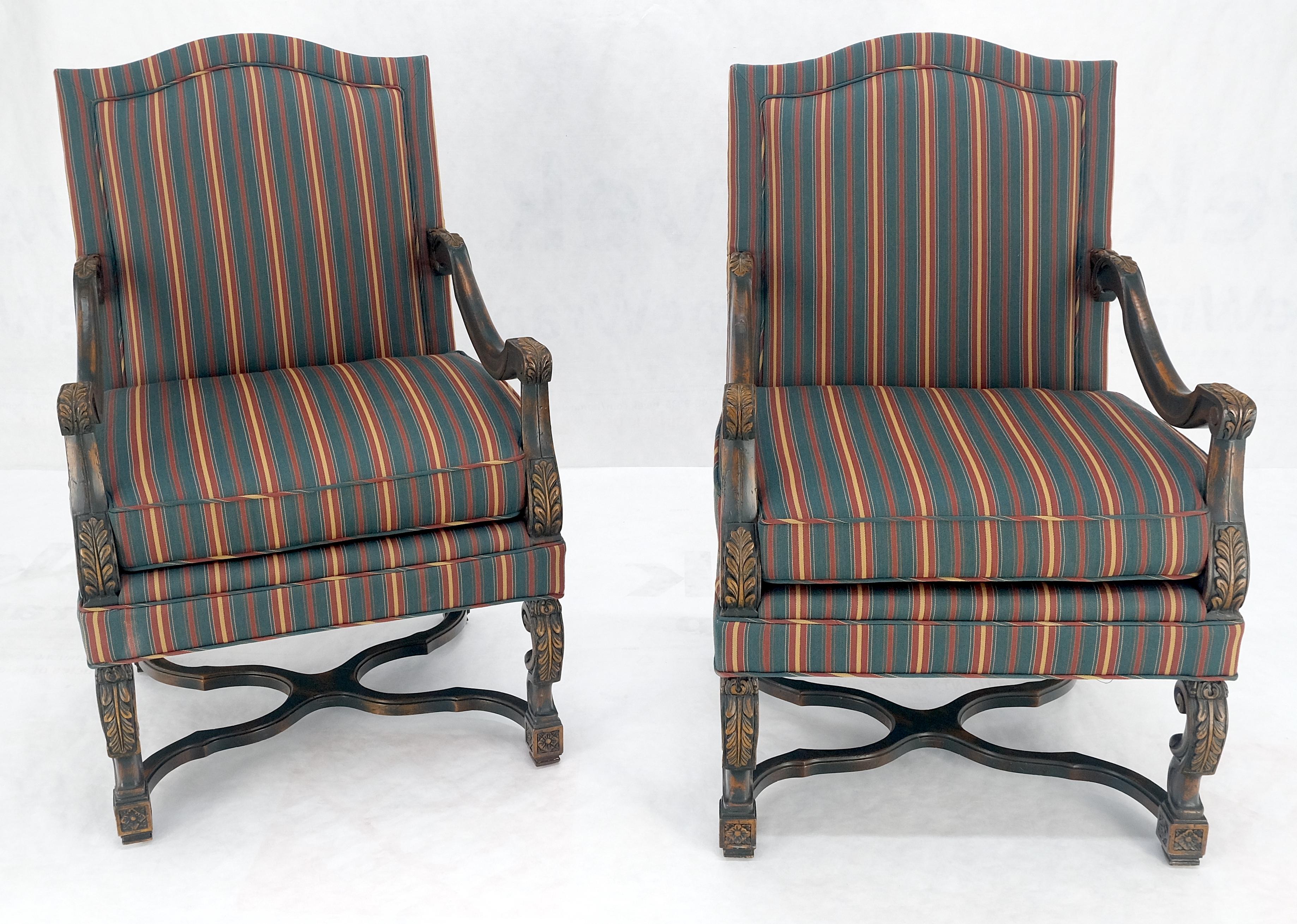 Pair of Carved Bases & Arms Striped Upholstery Fire Side Arm Lounge Chairs MINT! For Sale 5