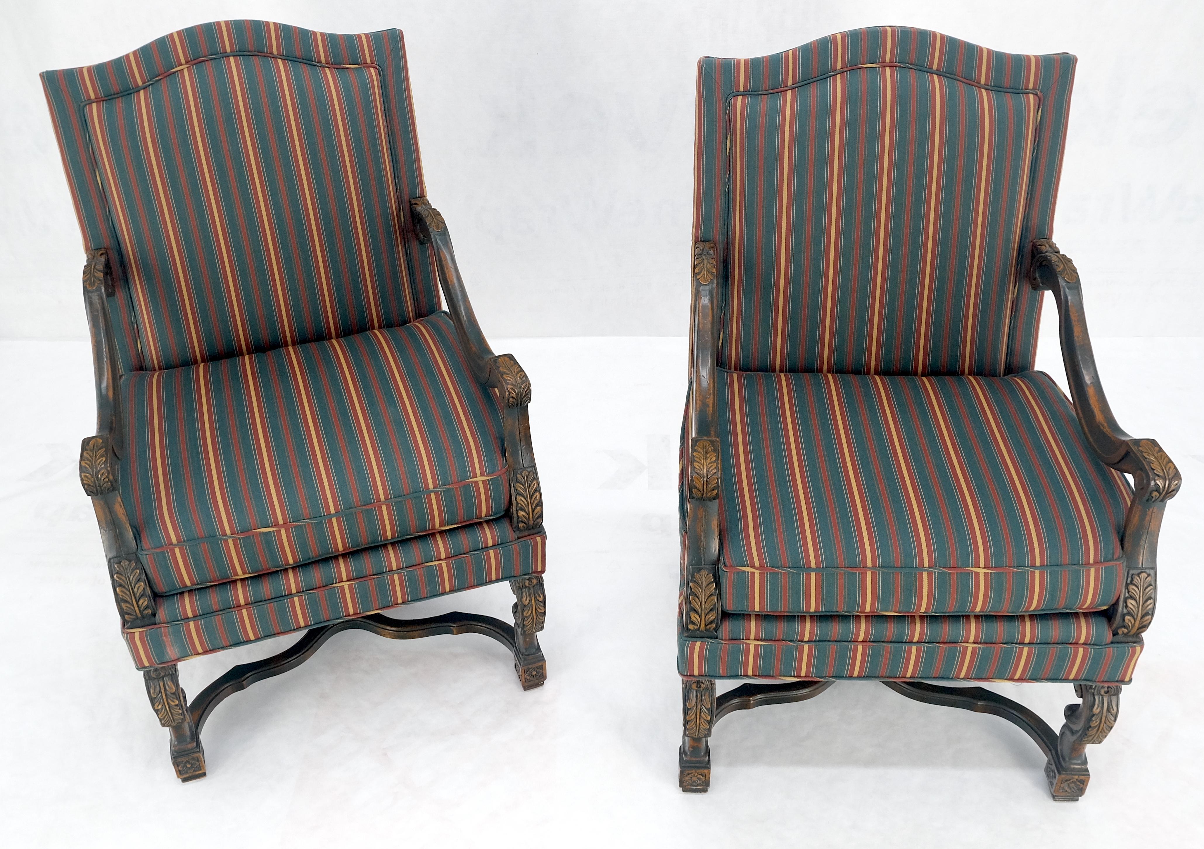 Pair of Carved Bases & Arms Striped Upholstery Fire Side Arm Lounge Chairs MINT! For Sale 7
