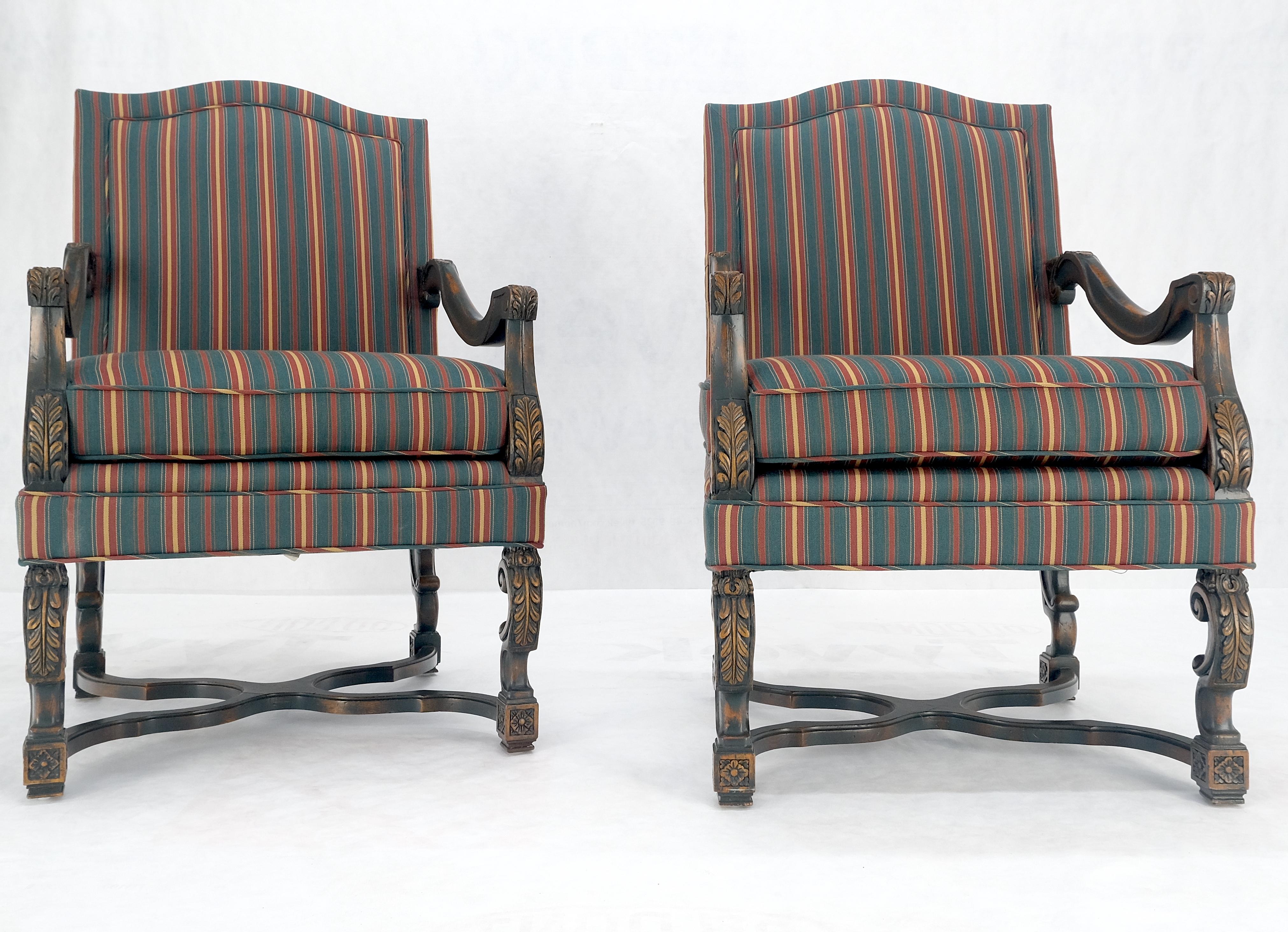 Pair of Carved Bases & Arms Striped Upholstery Fire Side Arm Lounge Chairs MINT! For Sale 8