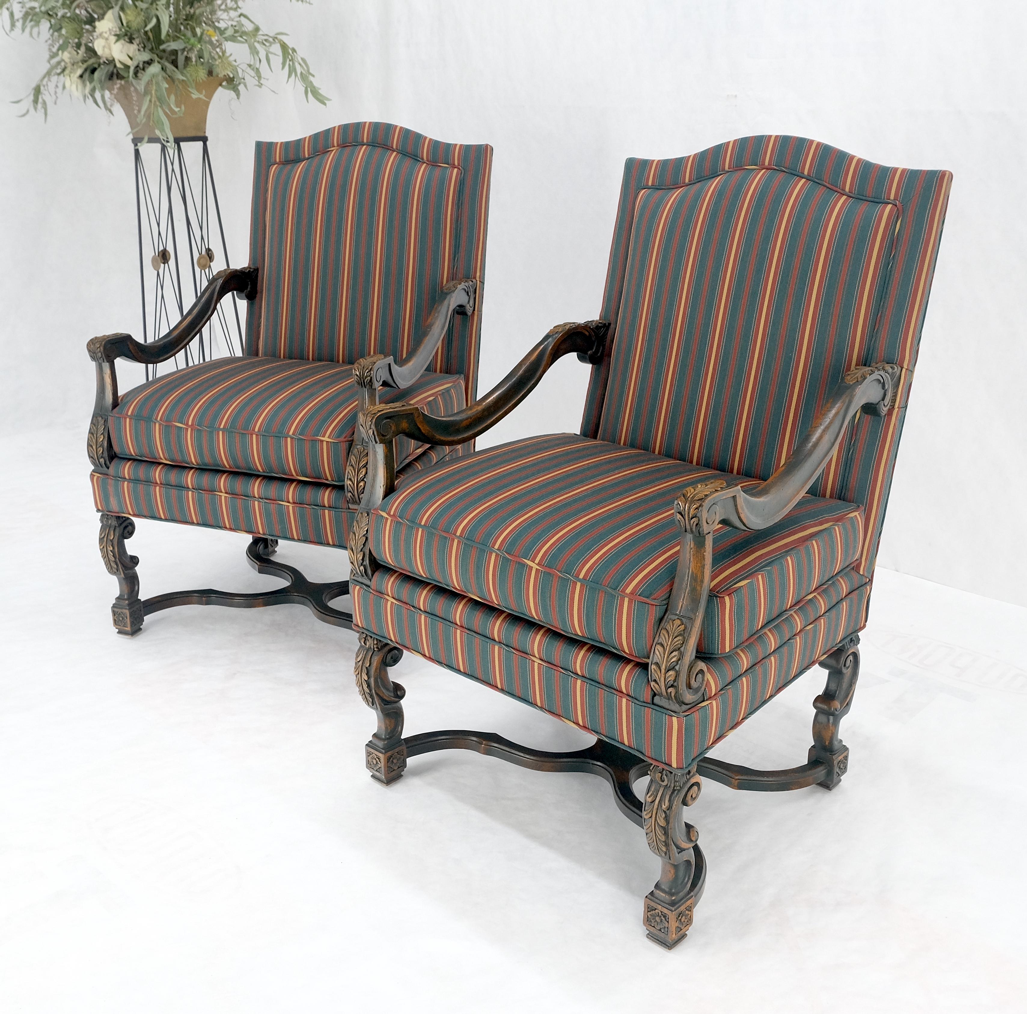 Pair of Carved Bases & Arms Striped Upholstery Fire Side Arm Lounge Chairs MINT! For Sale 9
