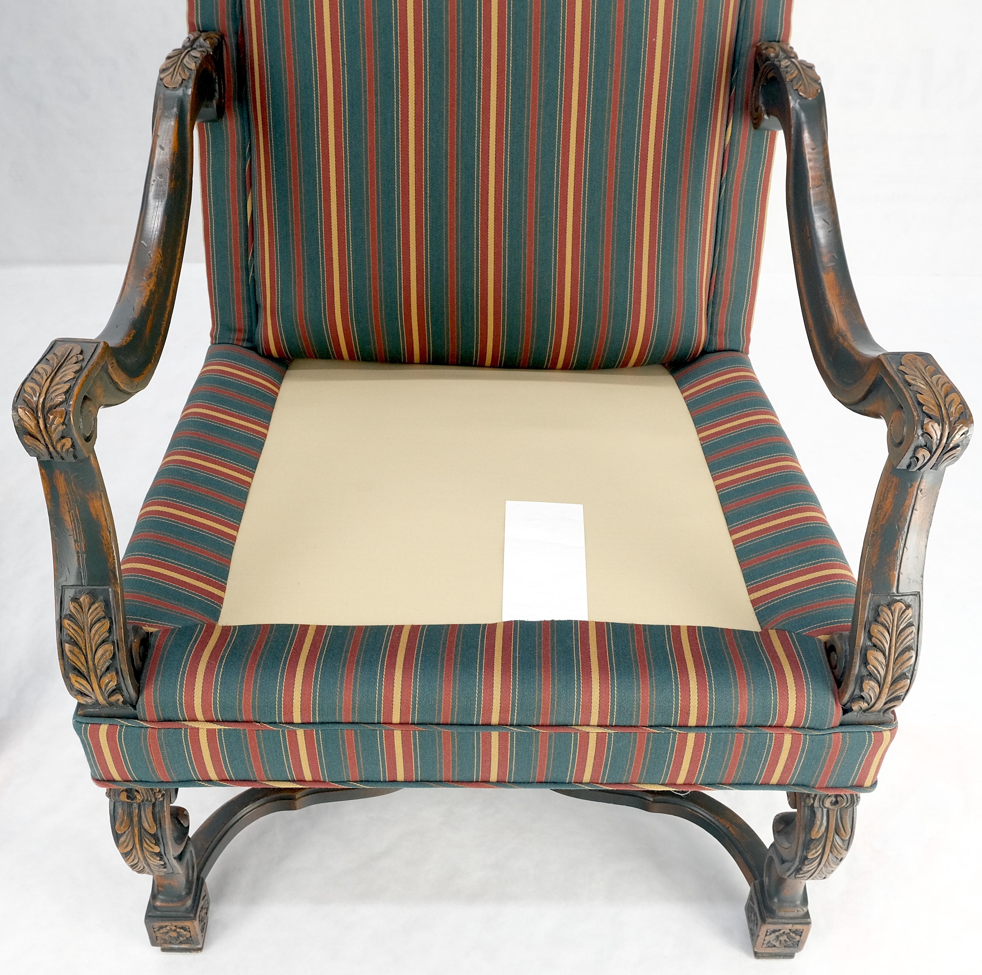 Pair of Carved Bases & Arms Striped Upholstery Fire Side Arm Lounge Chairs MINT! For Sale 10