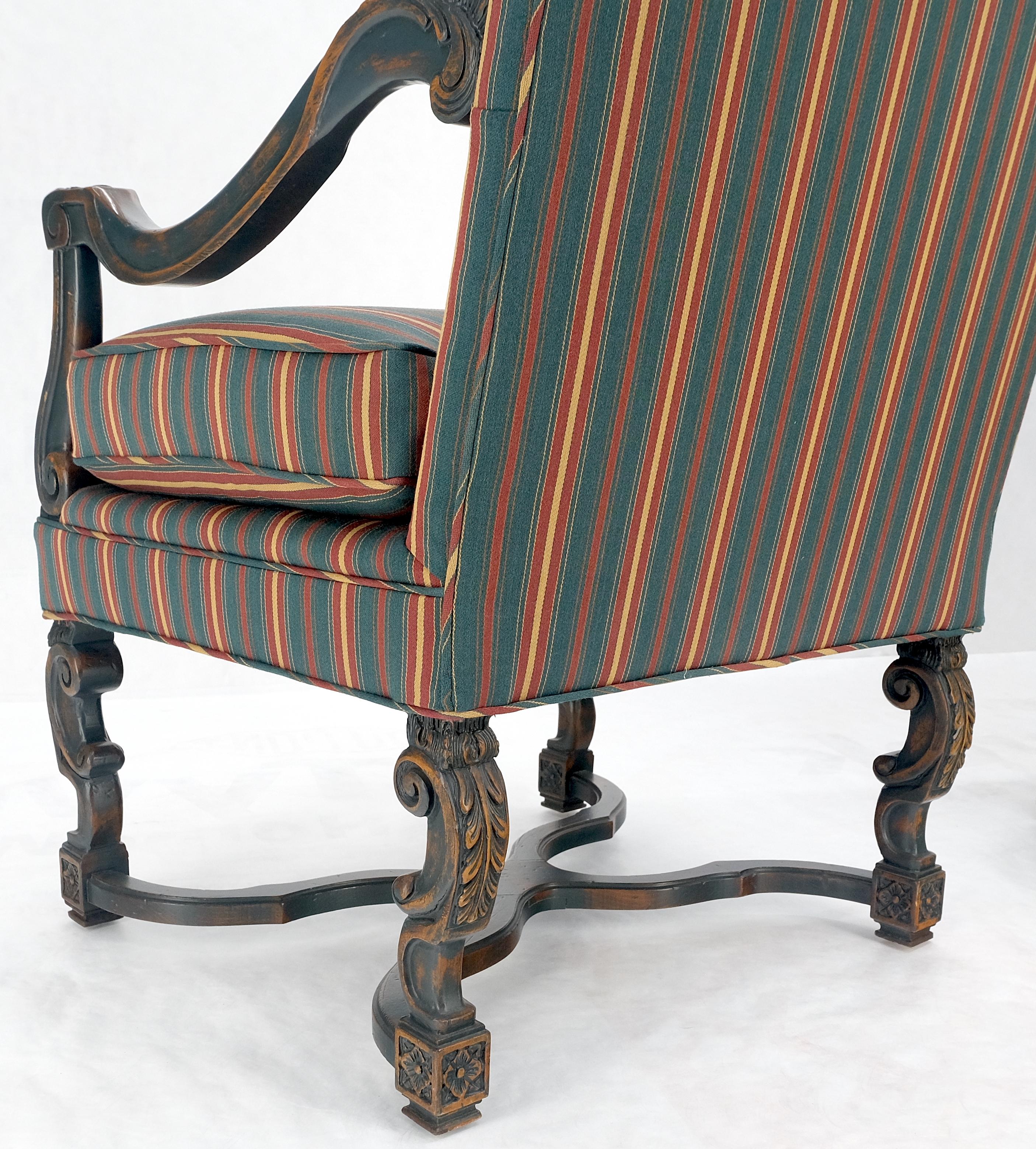 Pair of Carved Bases & Arms Striped Upholstery Fire Side Arm Lounge Chairs MINT! TOMLINSON