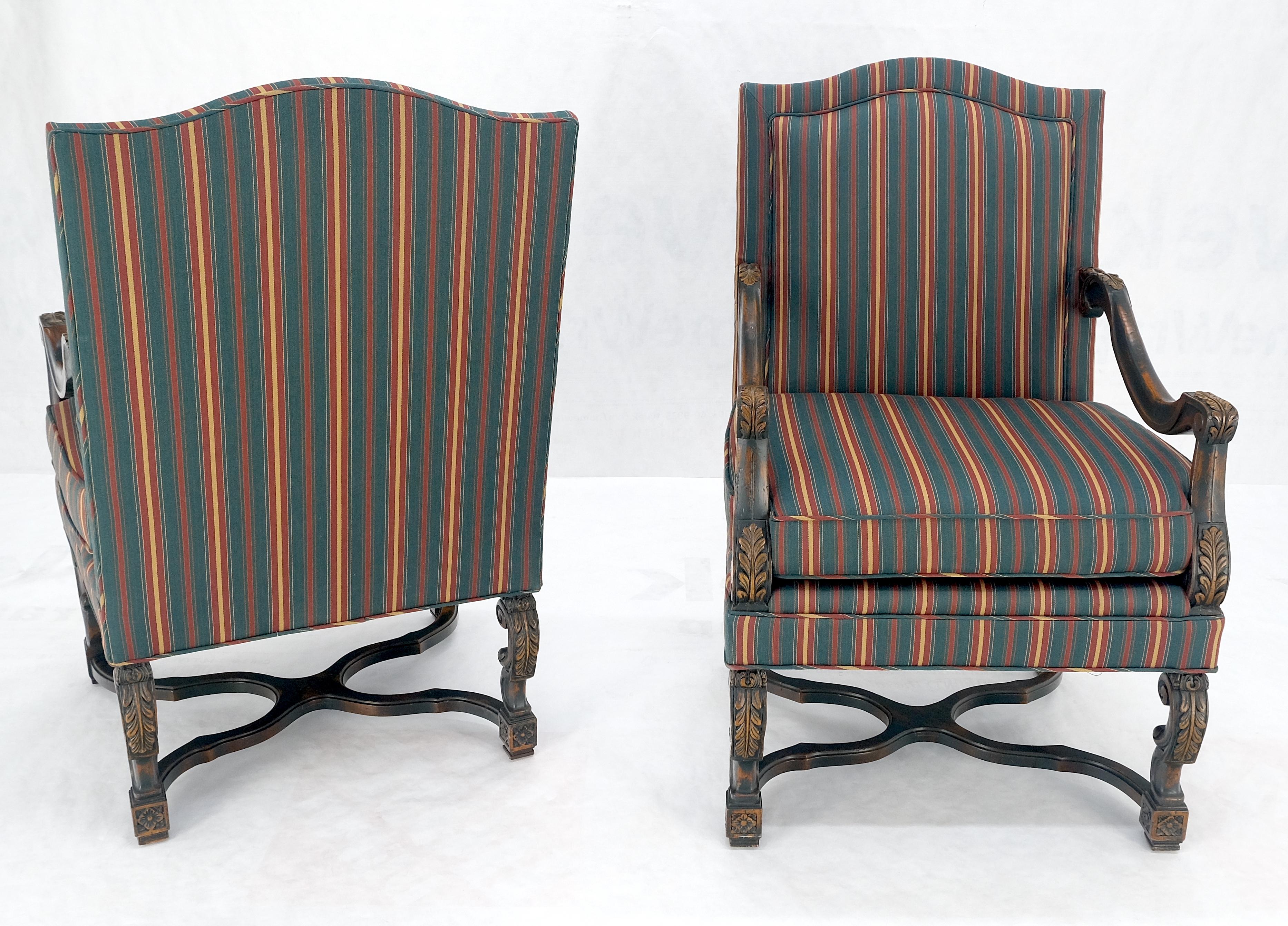 Georgian Pair of Carved Bases & Arms Striped Upholstery Fire Side Arm Lounge Chairs MINT! For Sale