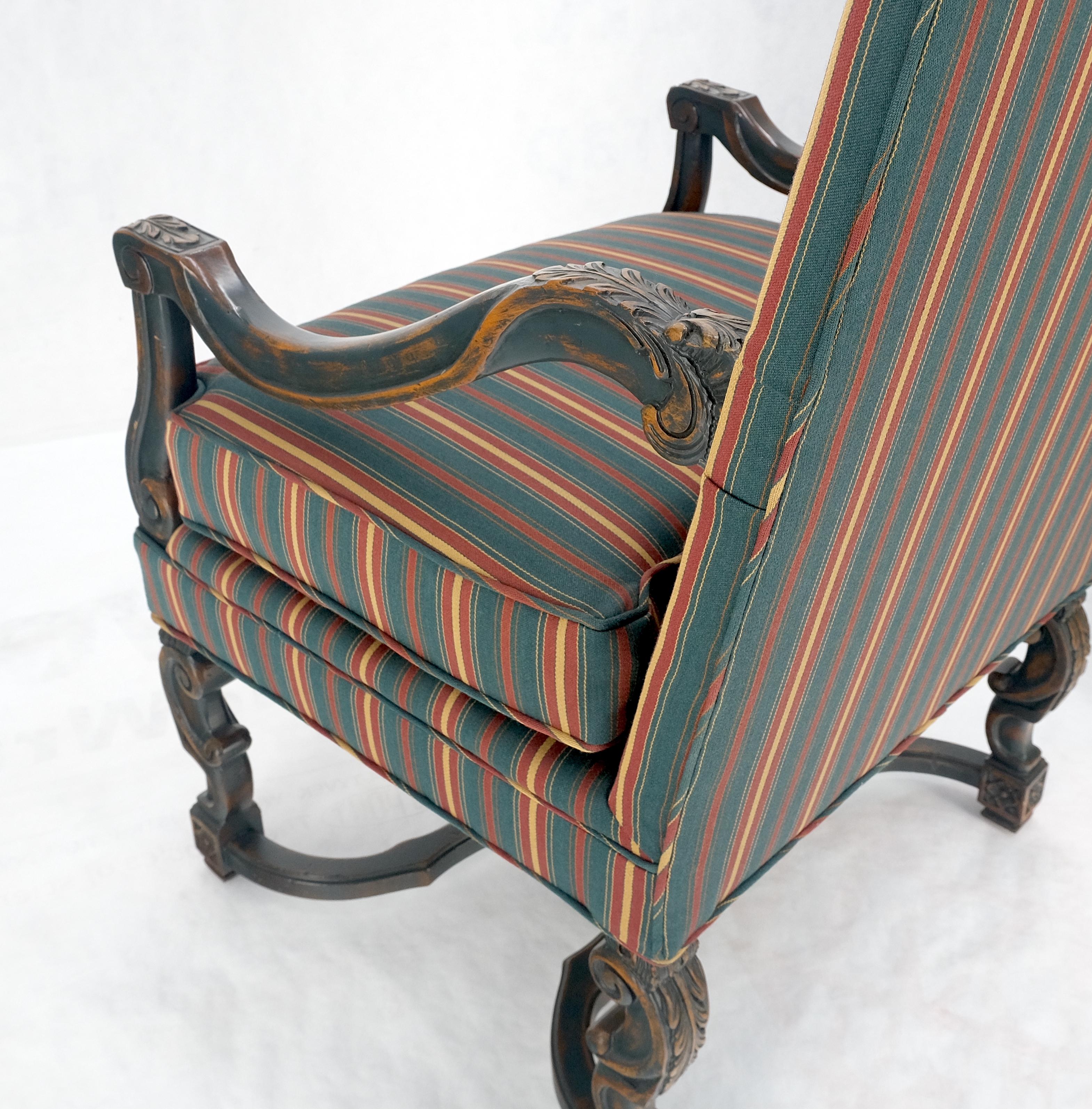 20th Century Pair of Carved Bases & Arms Striped Upholstery Fire Side Arm Lounge Chairs MINT! For Sale