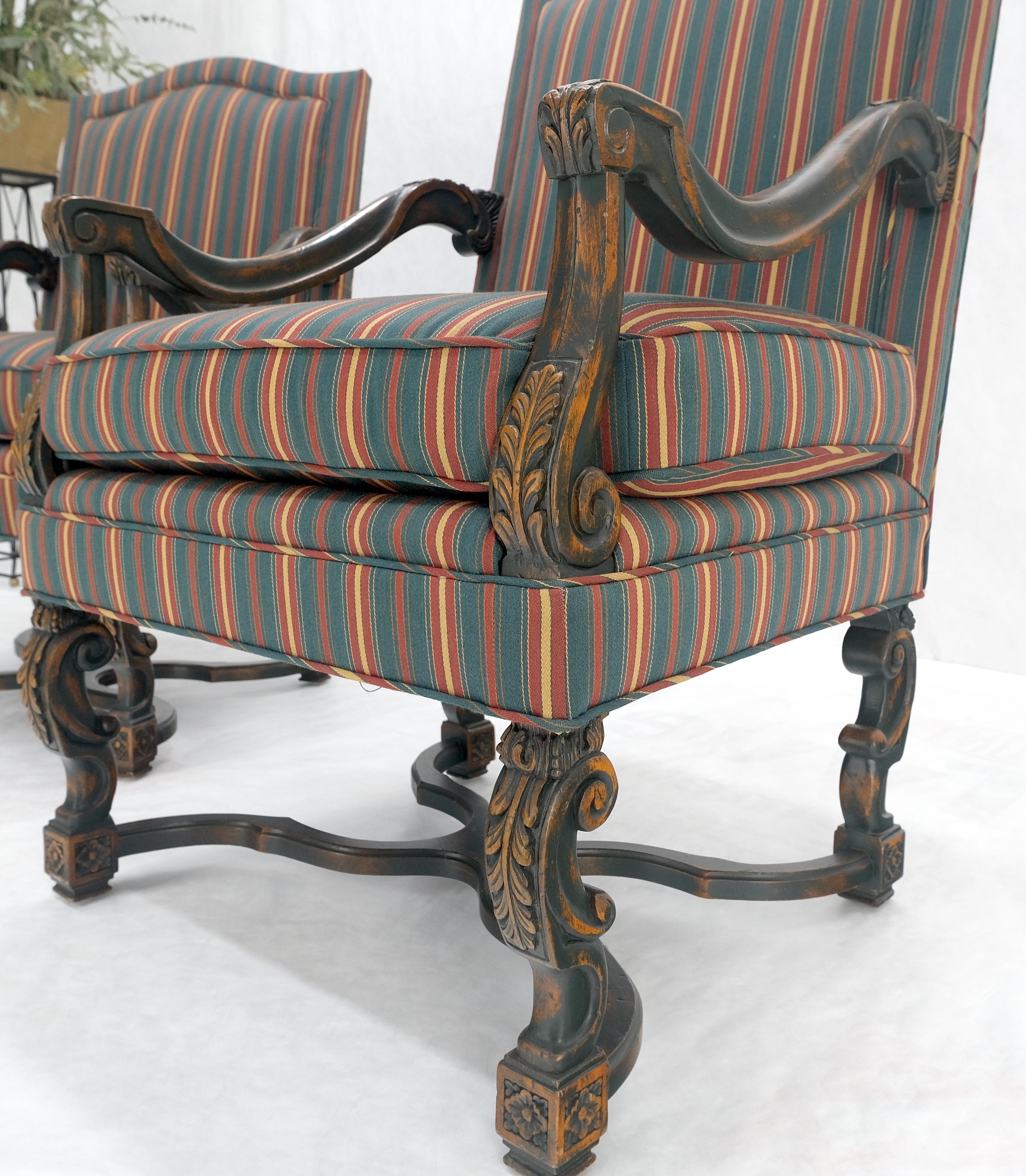 Cotton Pair of Carved Bases & Arms Striped Upholstery Fire Side Arm Lounge Chairs MINT! For Sale
