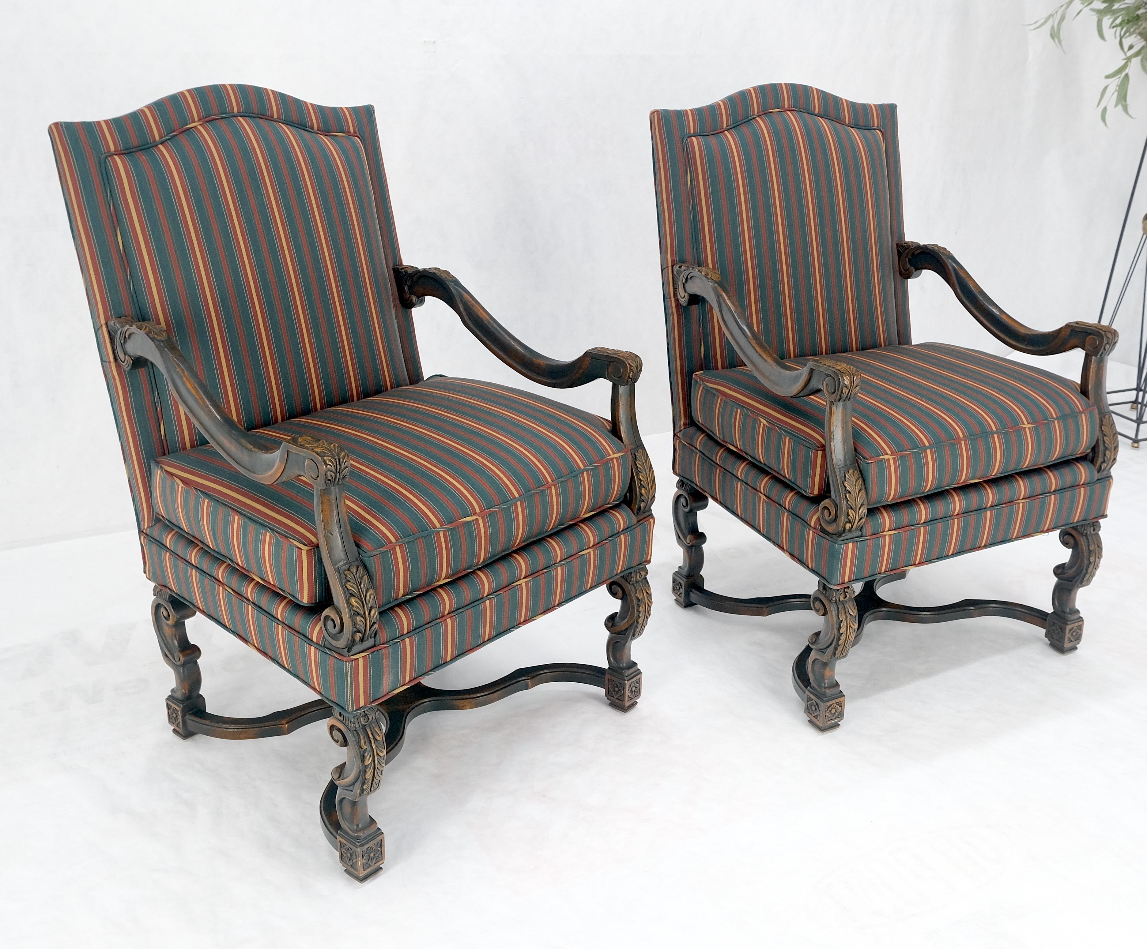 Pair of Carved Bases & Arms Striped Upholstery Fire Side Arm Lounge Chairs MINT! For Sale 1