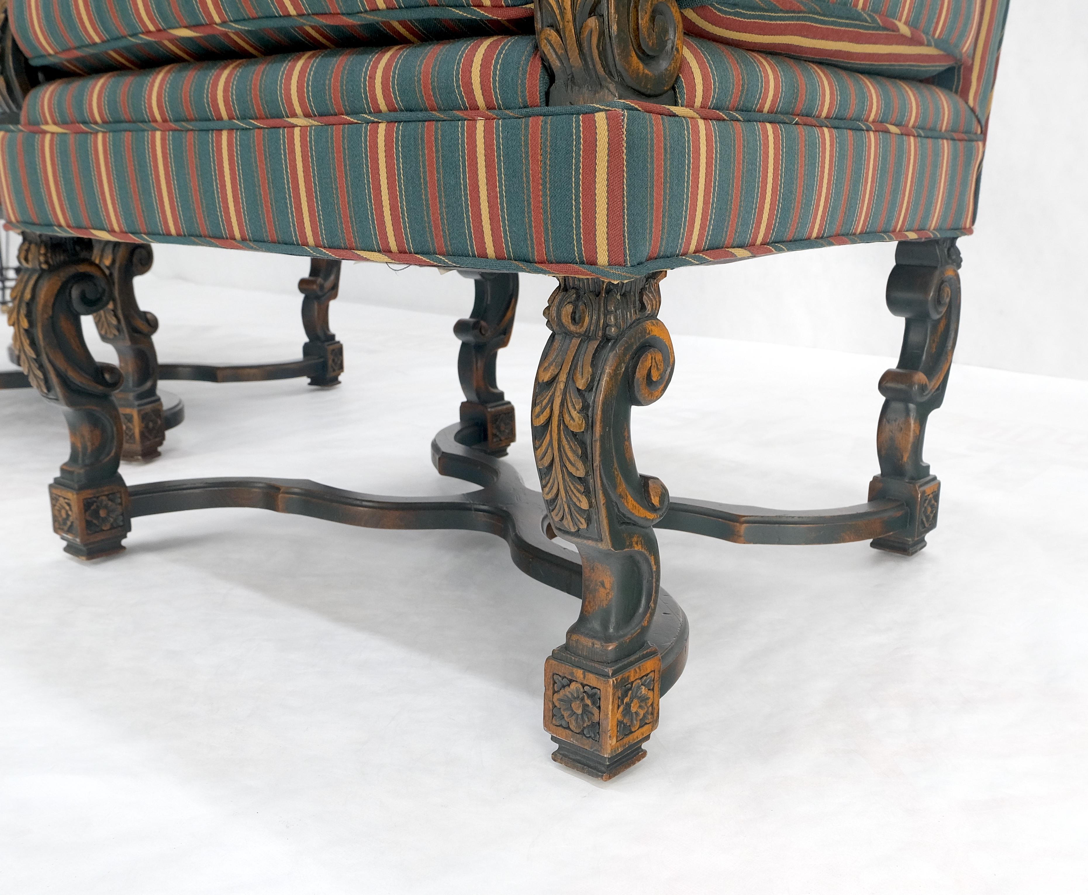 Pair of Carved Bases & Arms Striped Upholstery Fire Side Arm Lounge Chairs MINT! For Sale 2