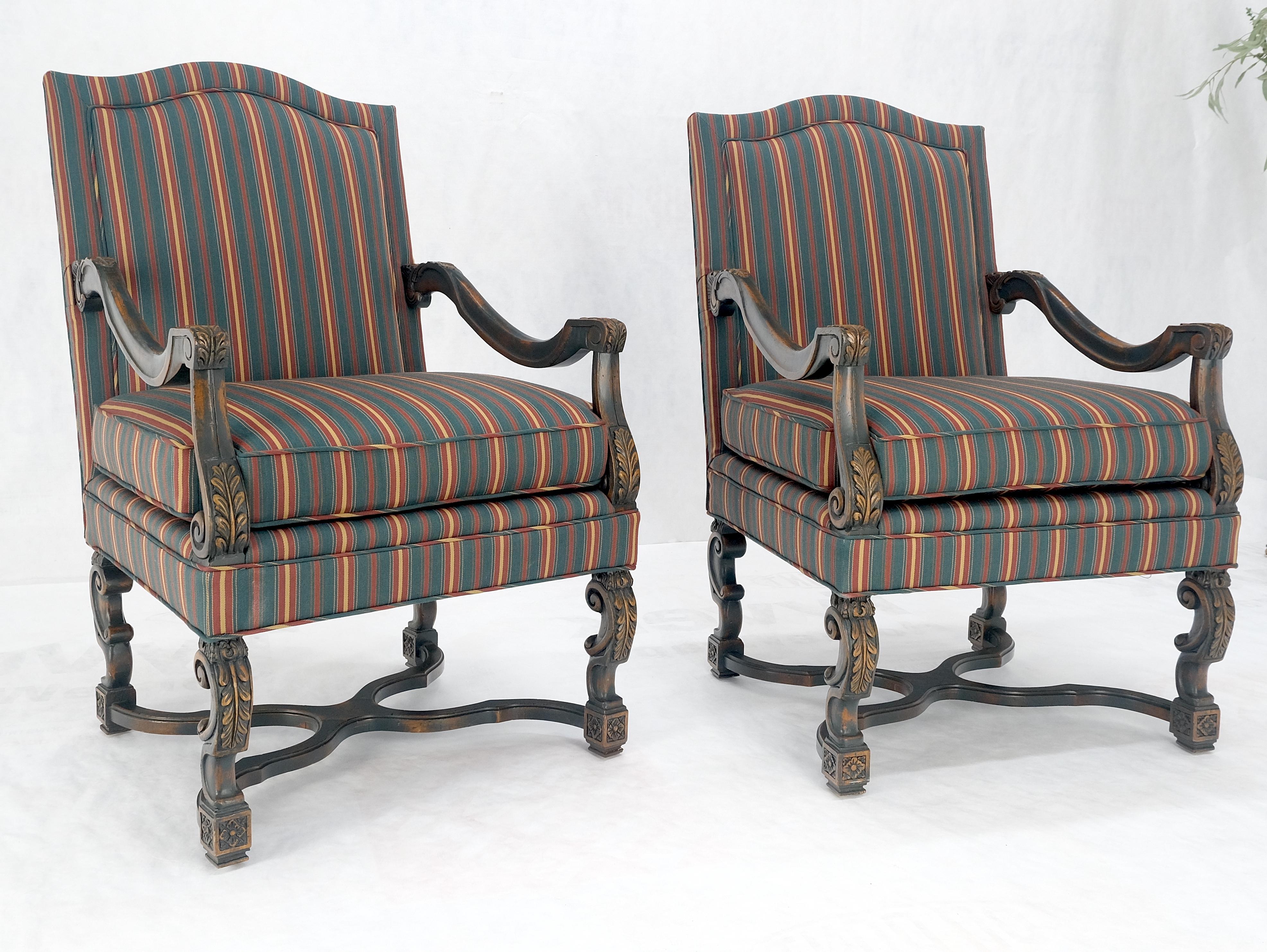 Pair of Carved Bases & Arms Striped Upholstery Fire Side Arm Lounge Chairs MINT! For Sale 3