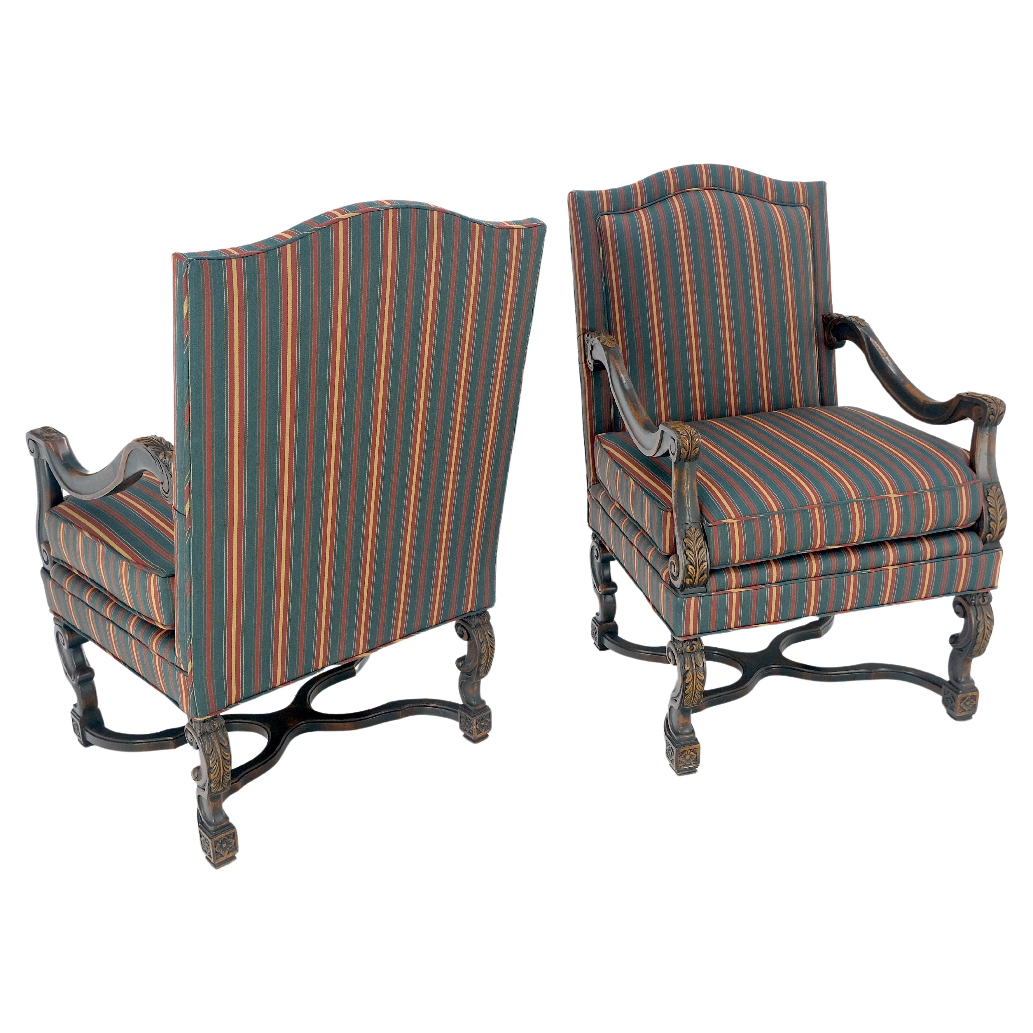 Pair of Carved Bases & Arms Striped Upholstery Fire Side Arm Lounge Chairs MINT! For Sale
