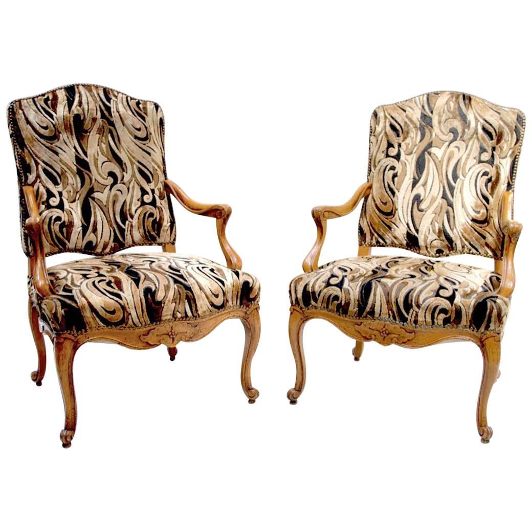 Pair of Carved Beech Louis XV Style Armchairs, 20th Century