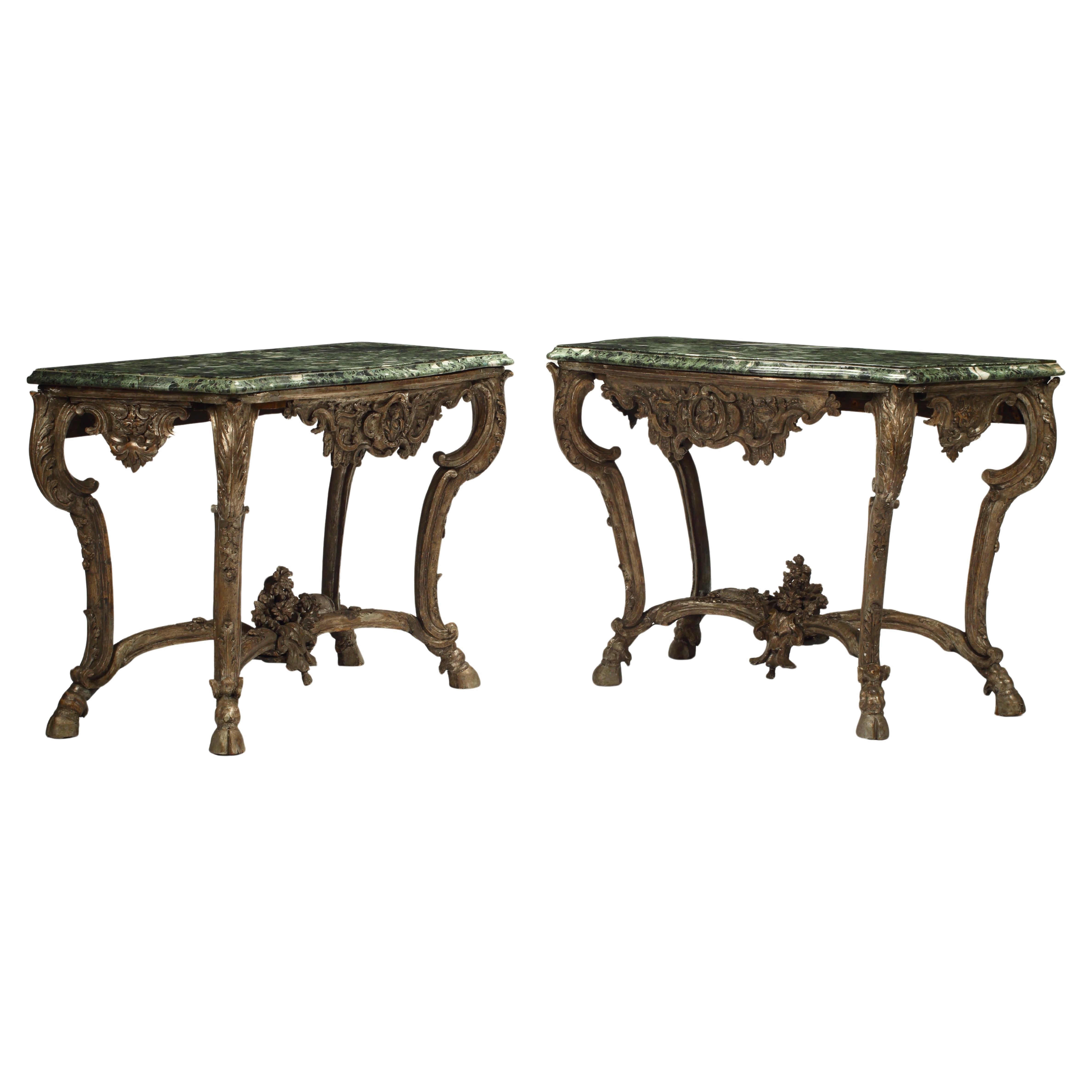Pair of Carved Borghese Finish Consoles with Marble Tops, 19th Century Italian