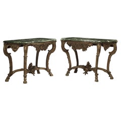 Pair of Carved Borghese Finish Consoles with Marble Tops, 19th Century Italian
