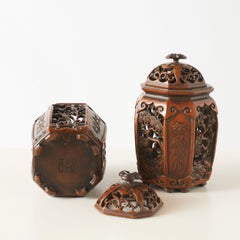Pair of Carved Boxwood Incense Burners with Lids