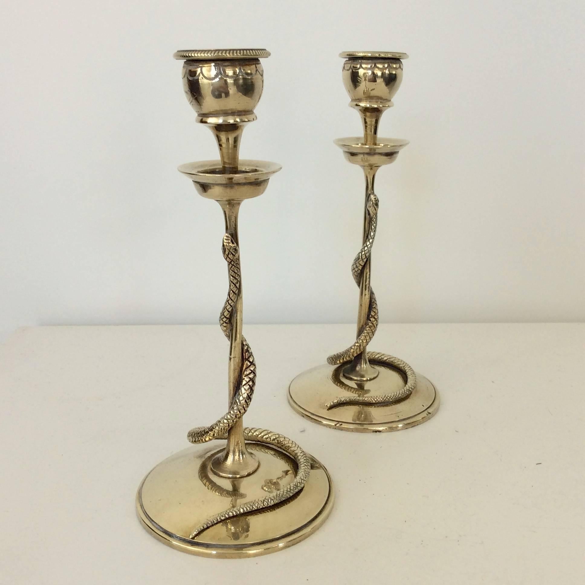 Neoclassical Pair of Carved Brass Snake Candleholders, France