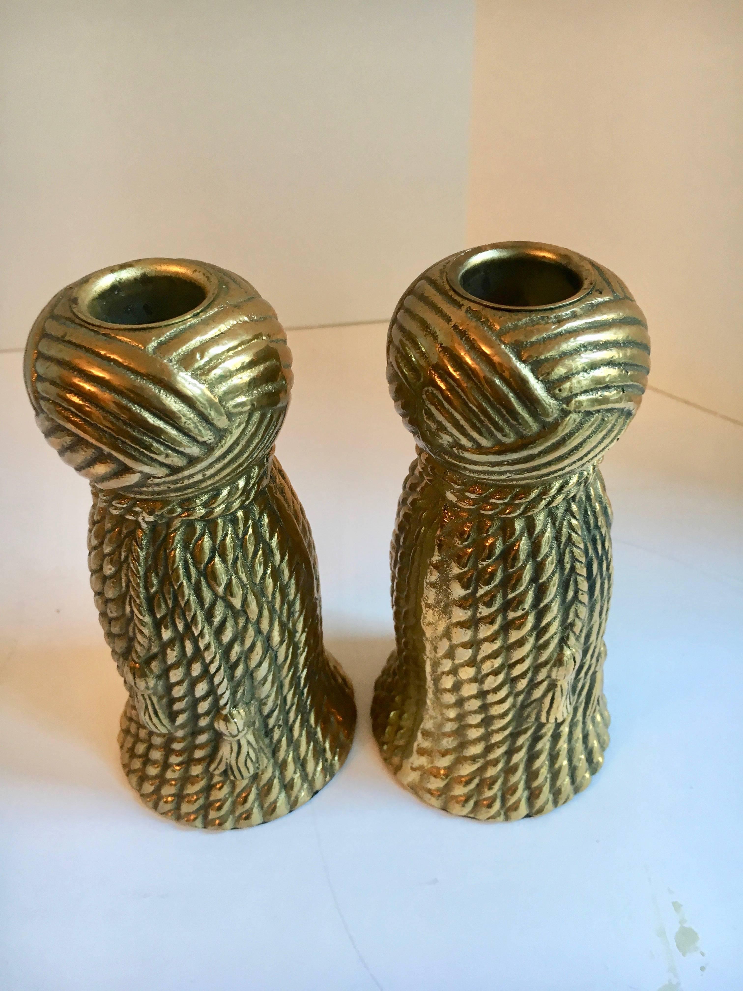 Mid-Century Modern Pair of Carved Brass Tassel Candlesticks