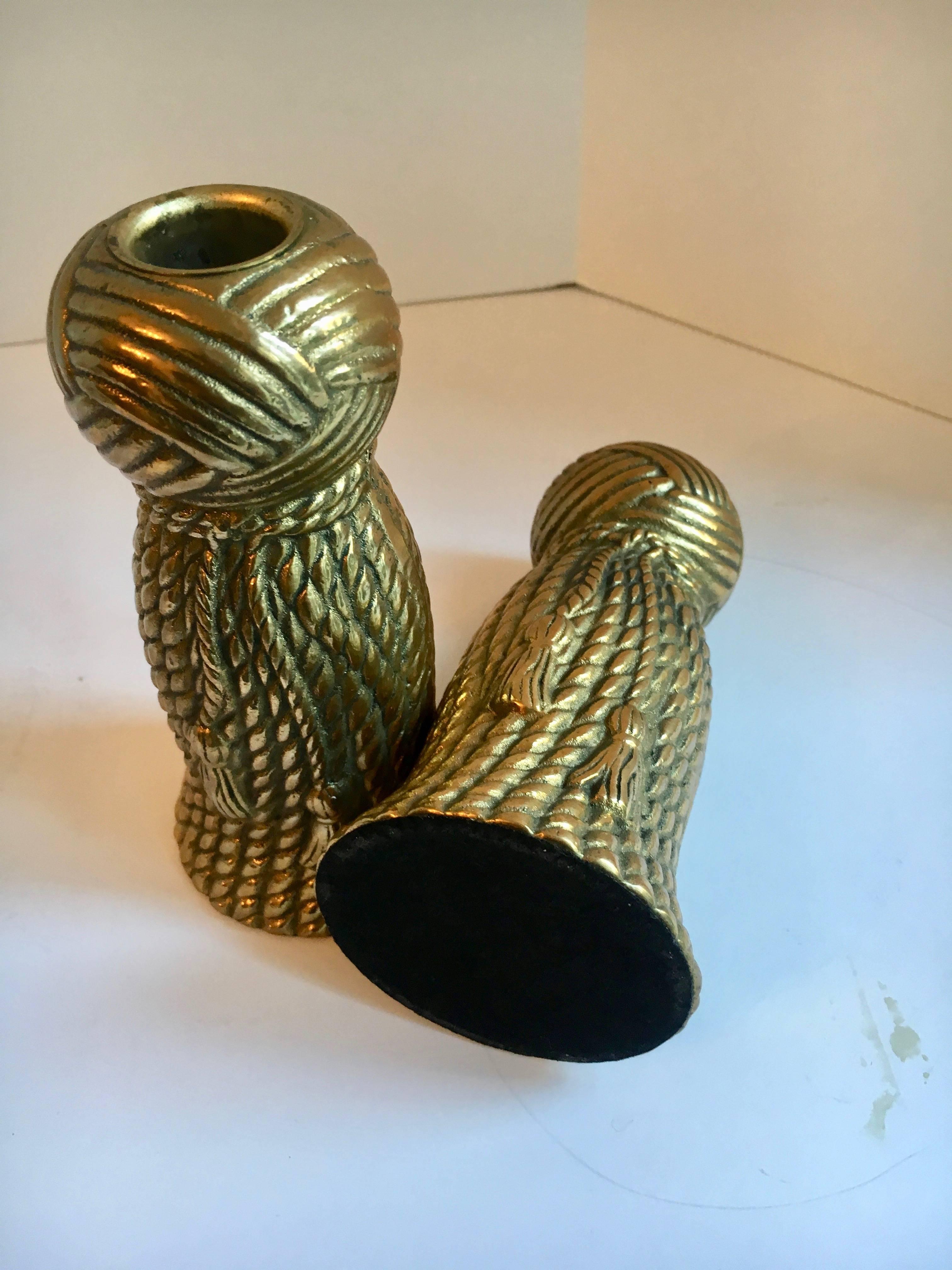 Pair of Carved Brass Tassel Candlesticks In Excellent Condition In Los Angeles, CA