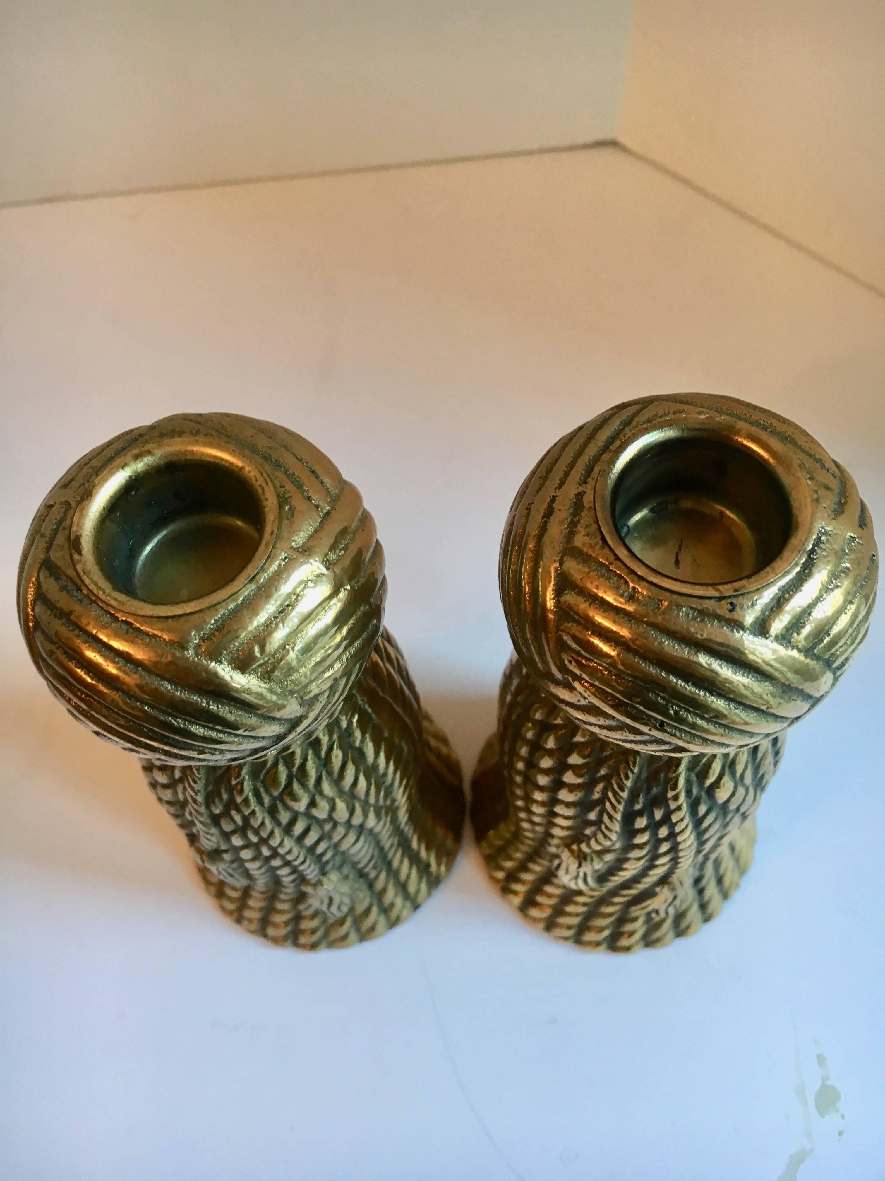 20th Century Pair of Carved Brass Tassel Candlesticks