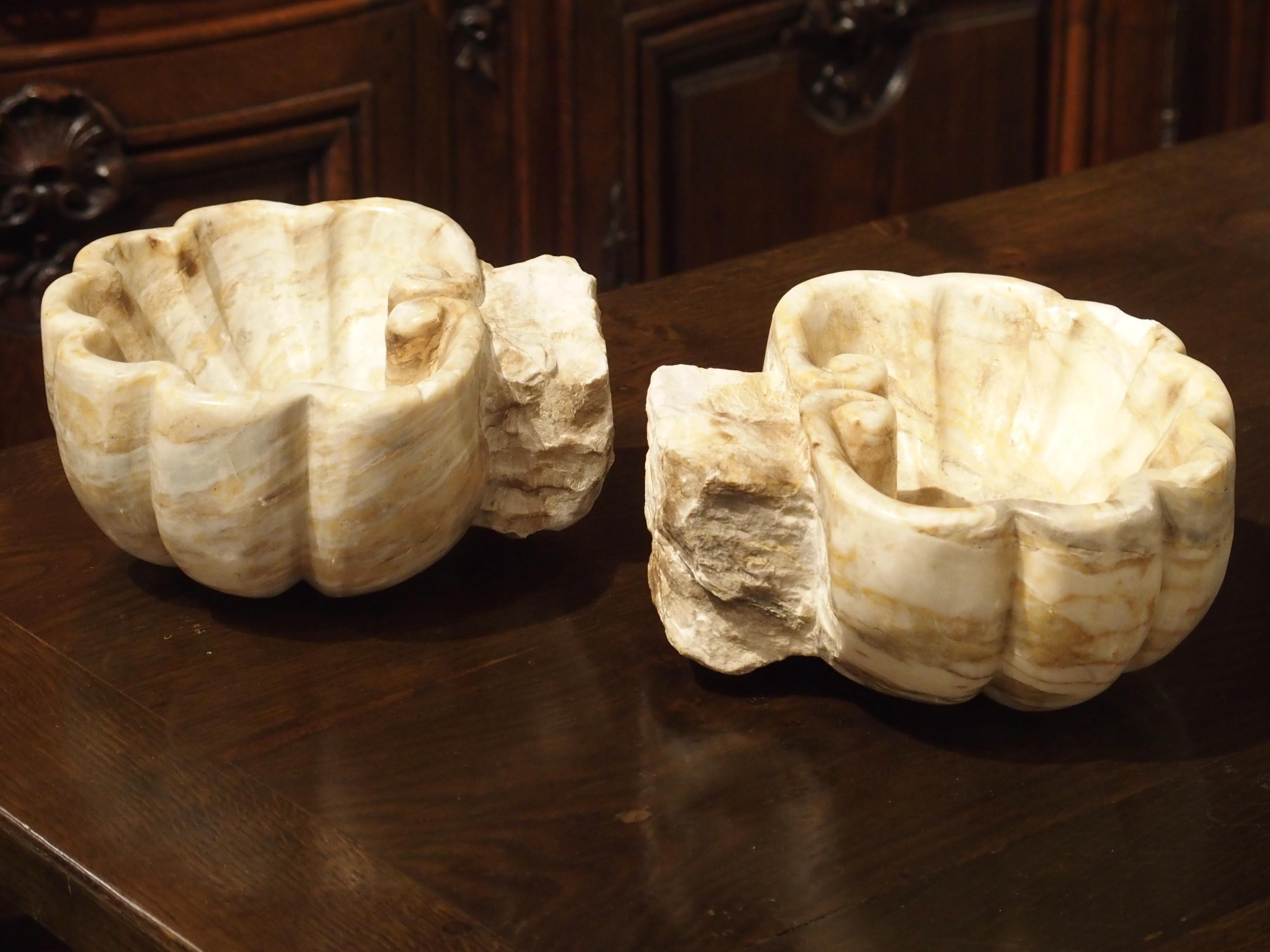 Pair of Carved Breccia Rosa Antigua Marble Shell Basins from Italy 5