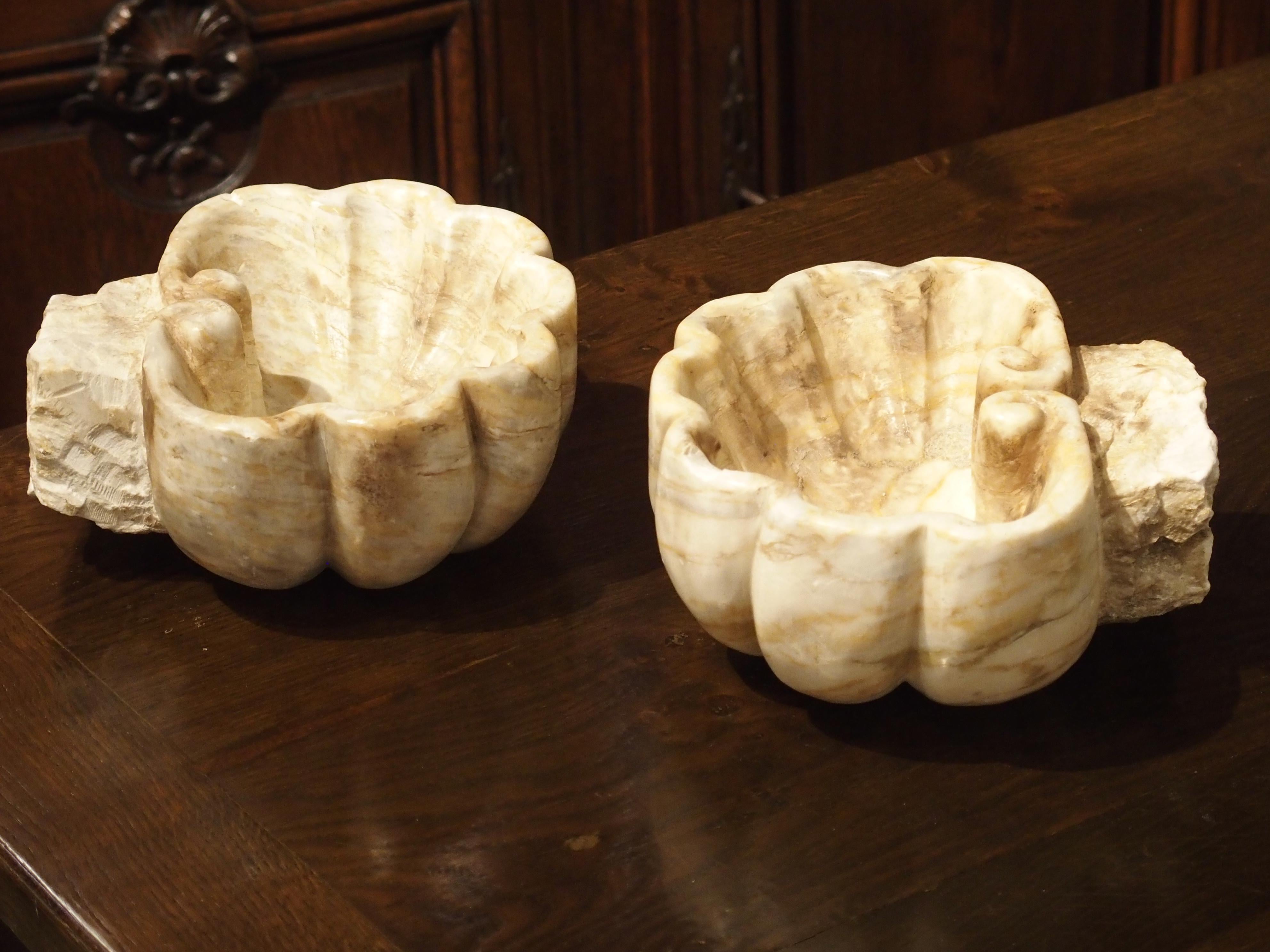 Pair of Carved Breccia Rosa Antigua Marble Shell Basins from Italy 7