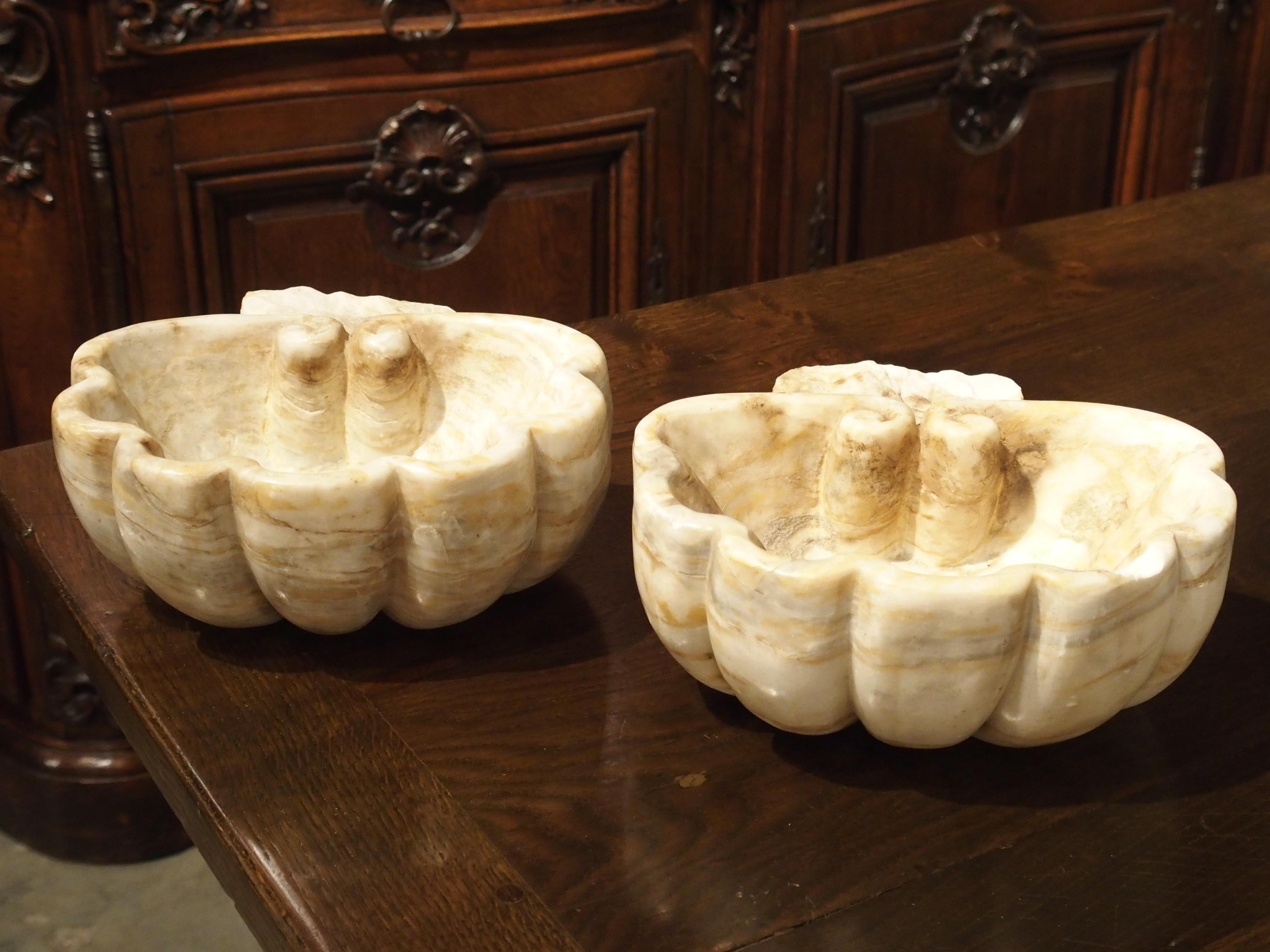 Pair of Carved Breccia Rosa Antigua Marble Shell Basins from Italy 13