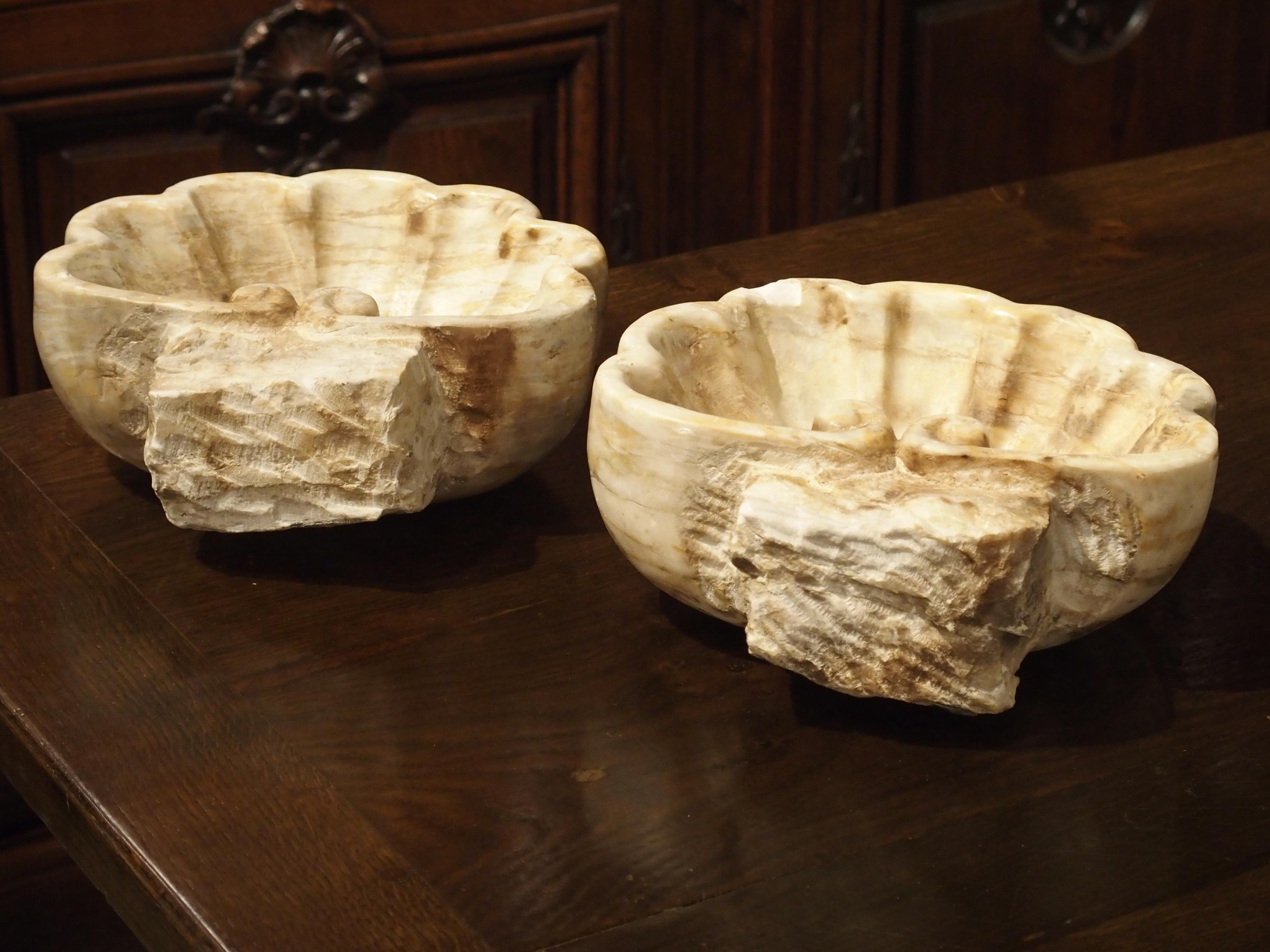 Pair of Carved Breccia Rosa Antigua Marble Shell Basins from Italy 3