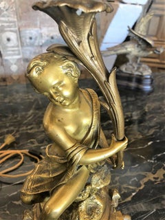 Pair of Carved Bronze Lamps on Marble Bases