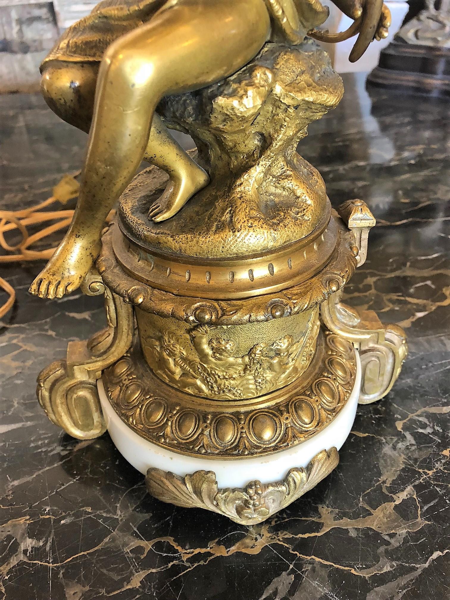 Hand-Carved Pair of Carved Bronze Lamps on Marble Bases For Sale