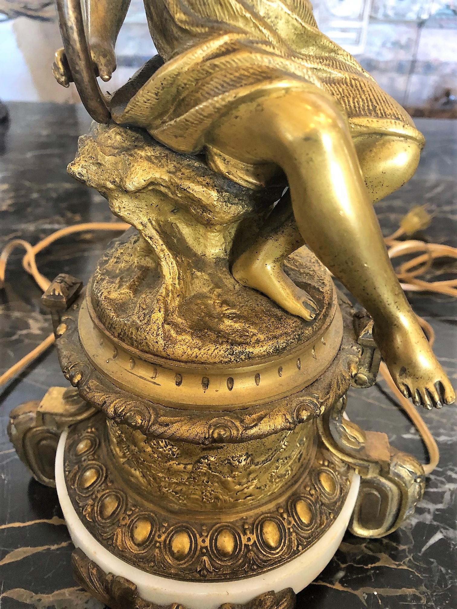 19th Century Pair of Carved Bronze Lamps on Marble Bases For Sale
