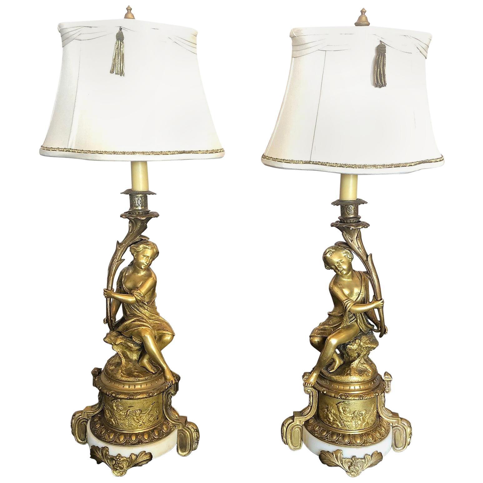 Pair of Carved Bronze Lamps on Marble Bases