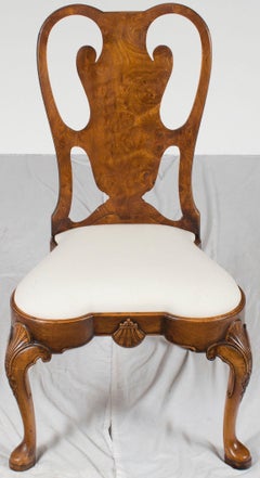 Pair of Carved Burl Walnut Queen Anne Style Dining Room Chairs
