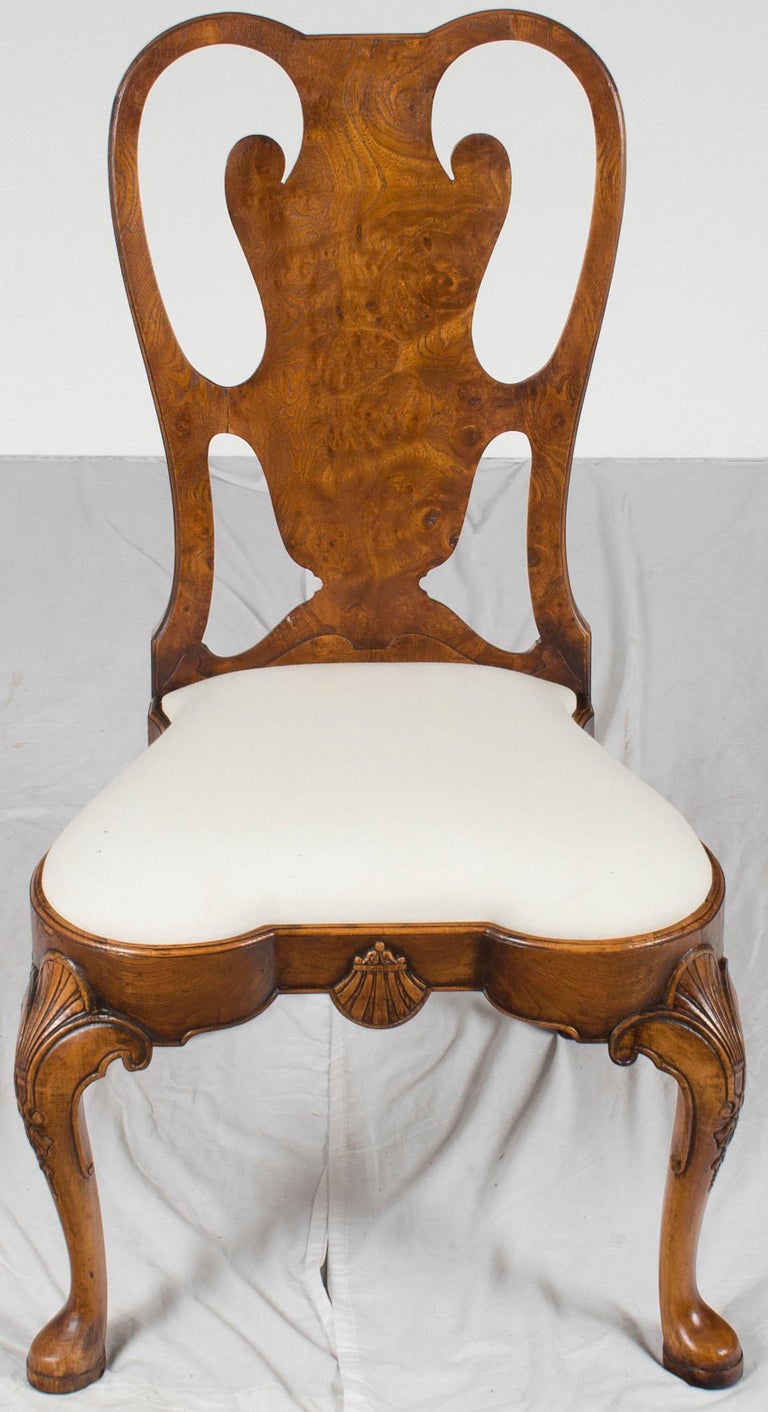 Pair of Carved Burl Walnut Queen Anne Style Dining Room Chairs For Sale