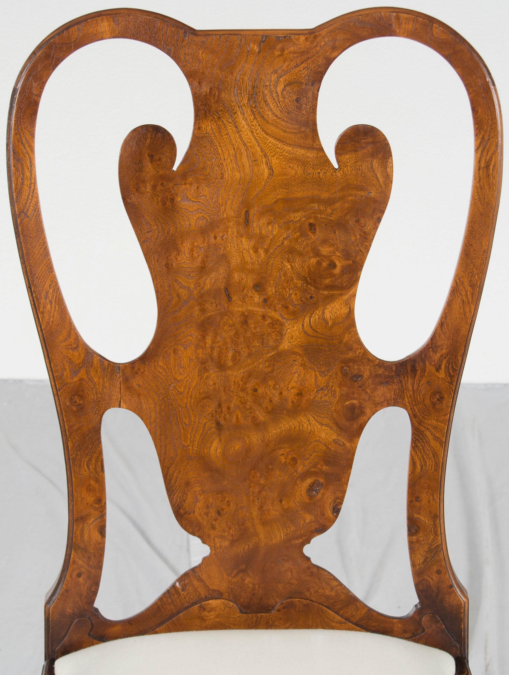 English Pair of Carved Burl Walnut Queen Anne Style Dining Room Chairs For Sale