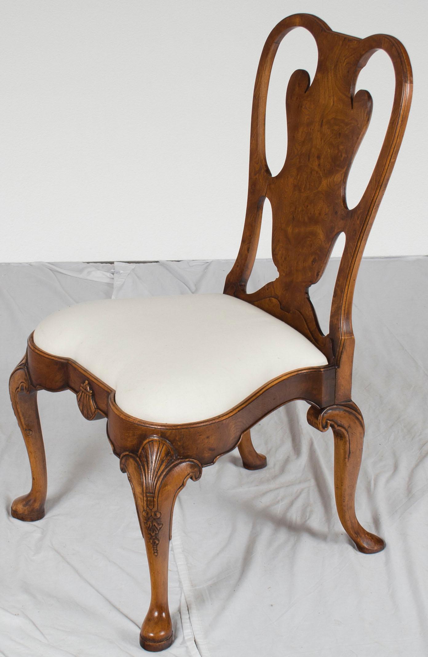 Pair of Carved Burl Walnut Queen Anne Style Dining Room Chairs For Sale 3