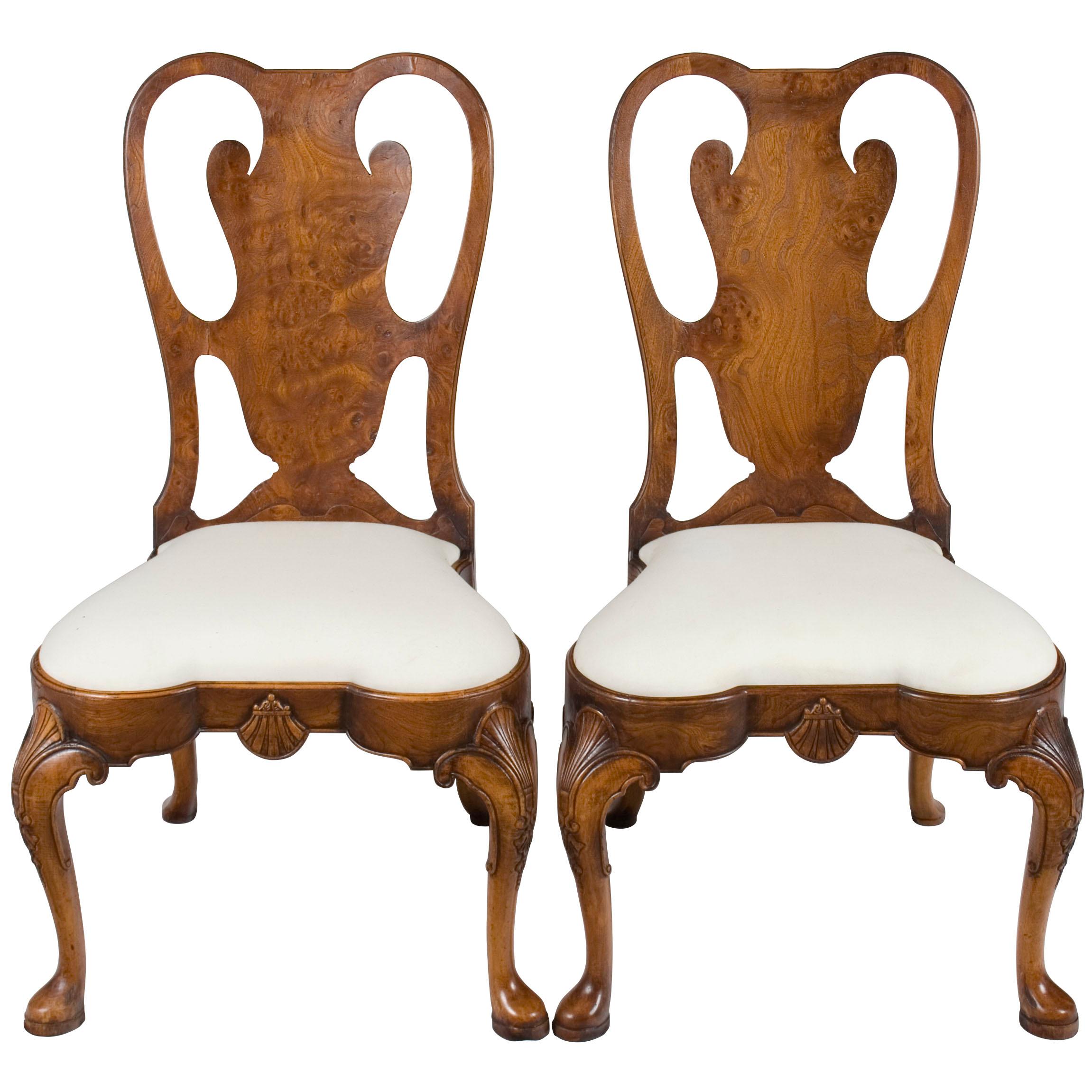 Pair of Carved Burl Walnut Queen Anne Style Dining Room Chairs For Sale