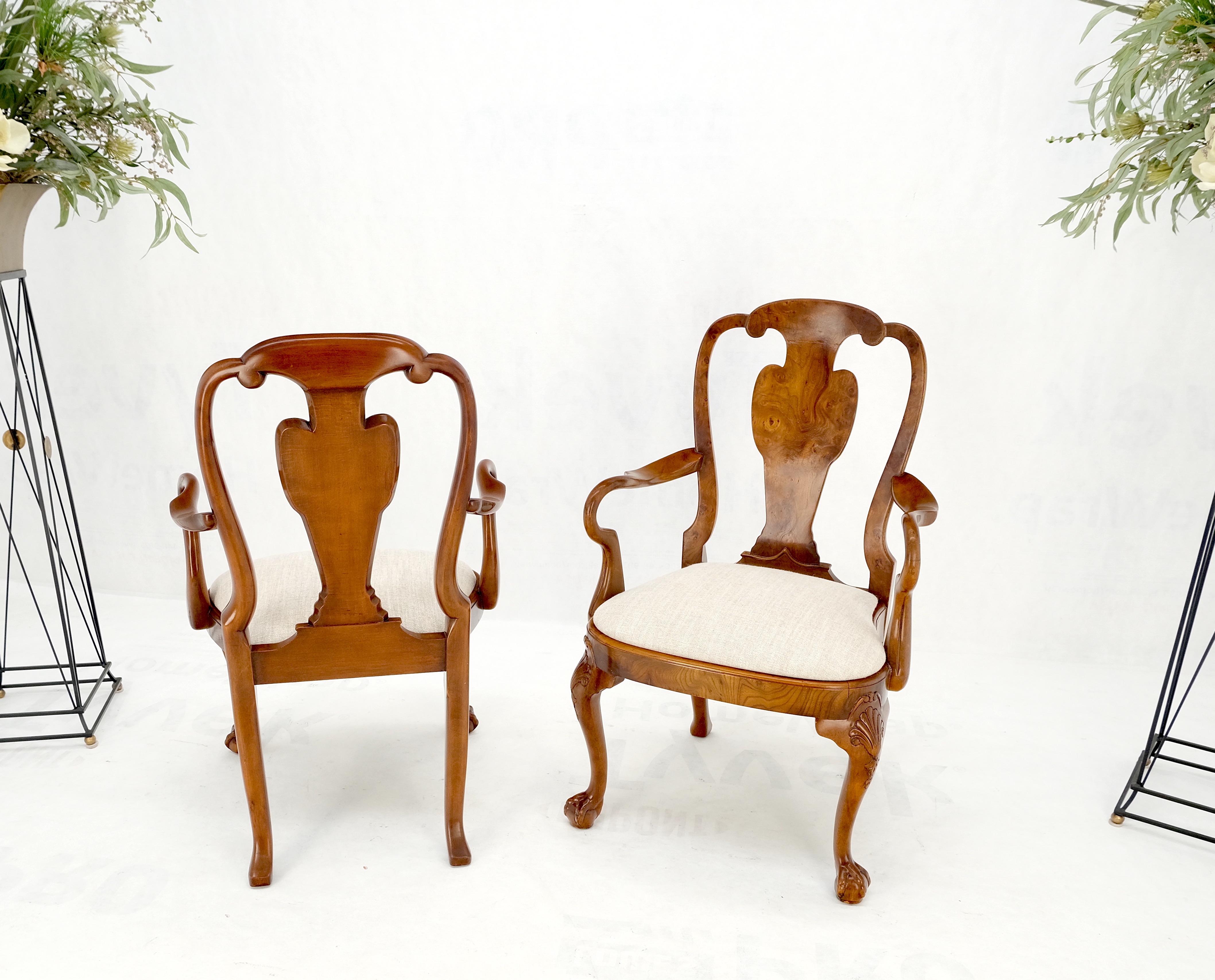 Pair of Carved Burl Wood New Oatmeal Linen Upholstery Armchairs MINT!