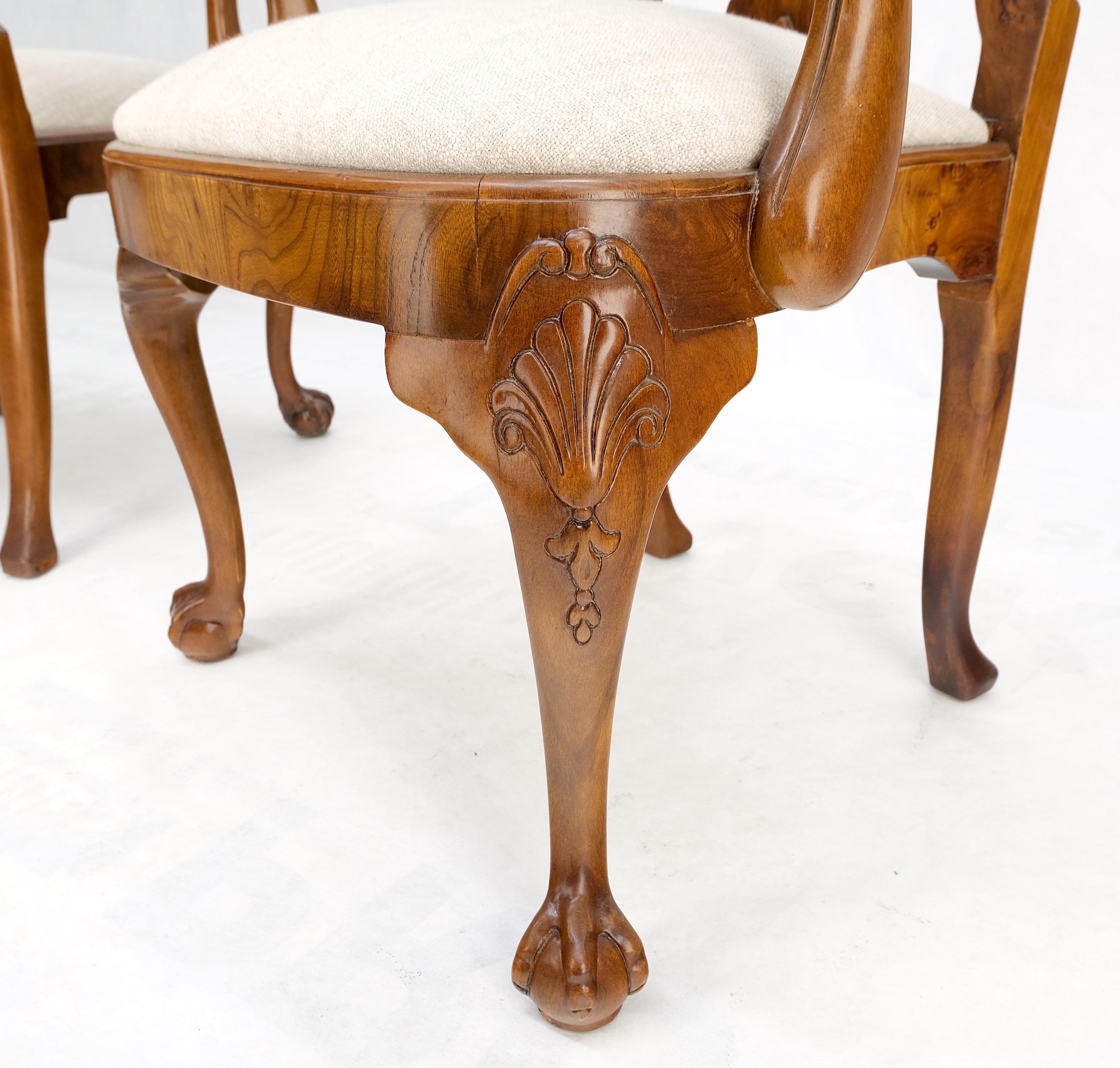 Pair of Carved Burl Wood New Oatmeal Linen Upholstery Armchairs Mint! In Good Condition For Sale In Rockaway, NJ